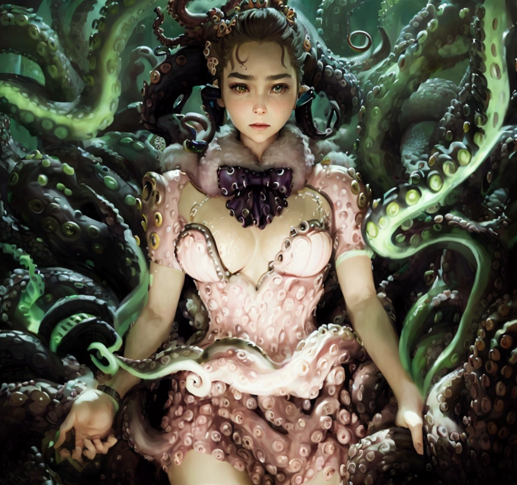  Arafe Images of Women Wearing Skirts and Tentacled Bowties, covered in tentacles,   as shown in Top Cow comics with fur trim around {x} ,  Girl designed by Hajime Sorayama  ,  Grimes - Book 1 Album Cover , by Sorayama Hajime , Enchantress , Mystical Goddess, inspired  Mark Brooks ,  Mark Brooks , Solamachi Hajime Style 