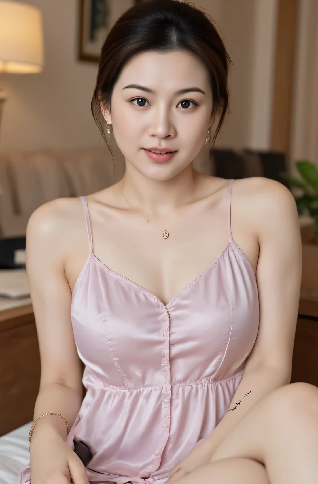 (Masterpiece: 1.2, Best Quality), Realistic, (Realistic Picture, Complex Details, Depth of Field), Best Quality, Masterpiece, Highly Detailed, Realistic, 1 mature, chinese Mature woman, 45 Years Old, highlight brown Hair, sexy hair, living room, sitting, chest out, big chest, huge breasts, thin lips, full body photo view, looking at the camera, diamond necklace, earrings, apple watch, gold bracelet, naughty smile, mature wife, size H-Cup breasts, wearing sleeveless spaghetti strap nightgown, sexy tied hair, thin circle round glasses