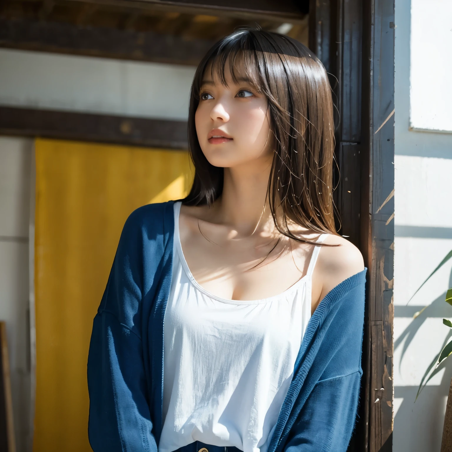  deep blue long cardigan ,  white tank top,  denim shorts, A bright office with sunlight ,  sunshine,  with a person, (slouch:1.4), (Look up at the camera:1.4),Hair that sways as you move at an angle from above,  A light, fresh, and professional impression,  girl, busty,  black hair,  straight hair,  with bangs, 's greatest masterpiece,  professional lighting, Lighting from the front, reflex version