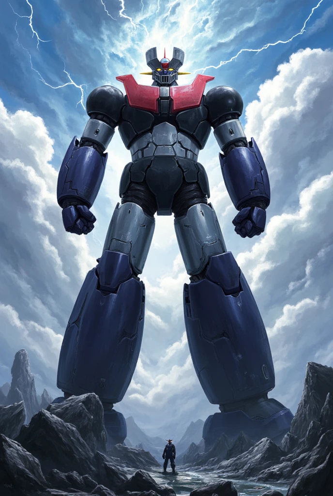  The giant Mazinger Z, which shines brightly and is full of power, rises like a mountain,  it's an 800-meter-tall giant standing in a forward position . god々Shiny cumulonimbus clouds shine 　thunder　Thick arms　 thick legs　godか悪魔かわからない圧倒的迫力の巨大ロボット　 natural light