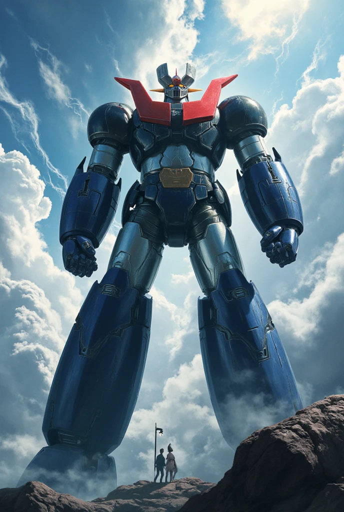  The giant Mazinger Z, which shines brightly and is full of power, rises like a mountain,  it's an 800-meter-tall giant standing in a forward position . god々Shiny cumulonimbus clouds shine 　thunder　Thick arms　 thick legs　godか悪魔かわからない圧倒的迫力の巨大ロボット　 natural light