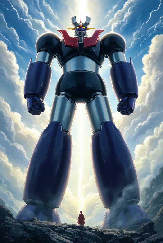  The giant Mazinger Z, which shines brightly and is full of power, rises like a mountain,  it's an 800-meter-tall giant standing in a forward position . god々Shiny cumulonimbus clouds shine 　thunder　Thick arms　 thick legs　godか悪魔かわからない圧倒的迫力の巨大ロボット　 natural light