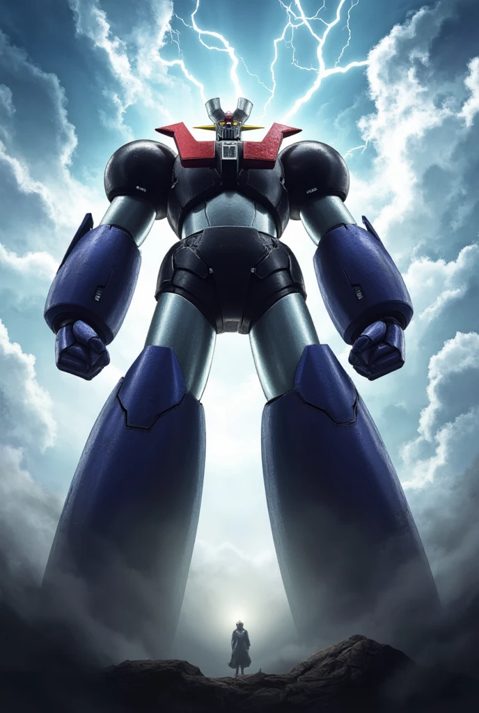  The giant Mazinger Z, which shines brightly and is full of power, rises like a mountain,  it's an 800-meter-tall giant standing in a forward position . god々Shiny cumulonimbus clouds shine 　thunder　Thick arms　 thick legs　godか悪魔かわからない圧倒的迫力の巨大ロボット　 natural light