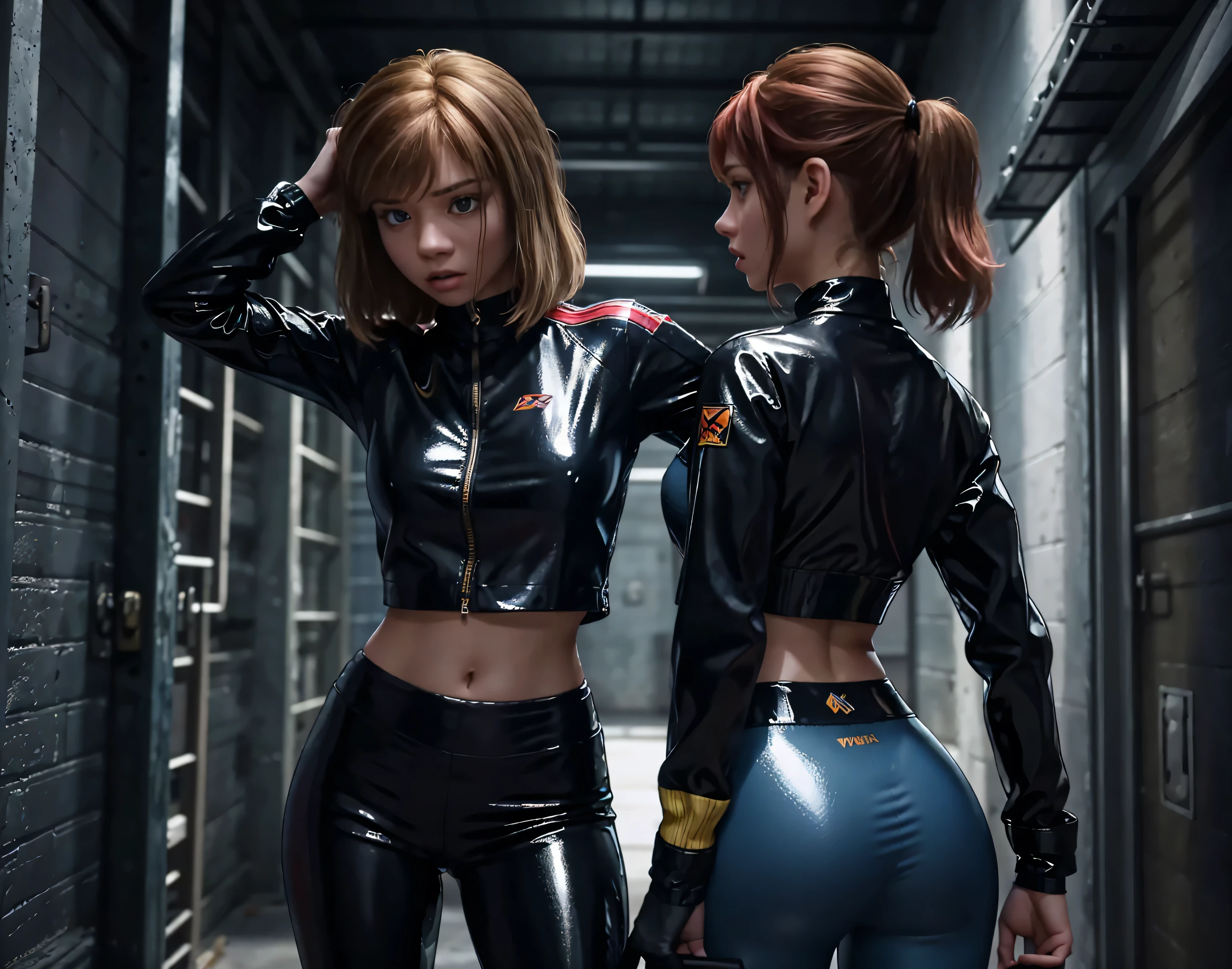 The image depicts two women in an action-packed scene, dressed in tight, glossy outfits with a futuristic or combat style. The woman on the left has red hair and wears a black and blue outfit with yellow accents, featuring a cropped jacket and form-fitting pants. She appears to be holding a weapon and is engaged with the second woman, who has dark hair and is wearing a shiny red and black outfit. The second woman seems to be restrained or held from behind, adding tension to the scene. The background is metallic, with a corrugated metal wall illuminated by dramatic lighting, creating a high-contrast, intense atmosphere. The overall tone suggests a scene from a sci-fi or action narrative.