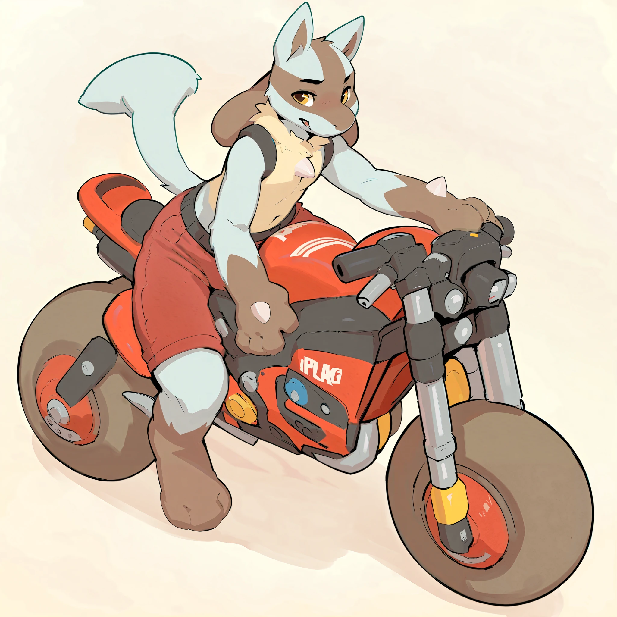 seth-iova, white lucario, full white body, yellow eyes, long drooping dog ears, wavy tail, white body, male, solo, anthro, wearing boxers, Big bulge, sitting on a motorcycle, in a beach, nsfw