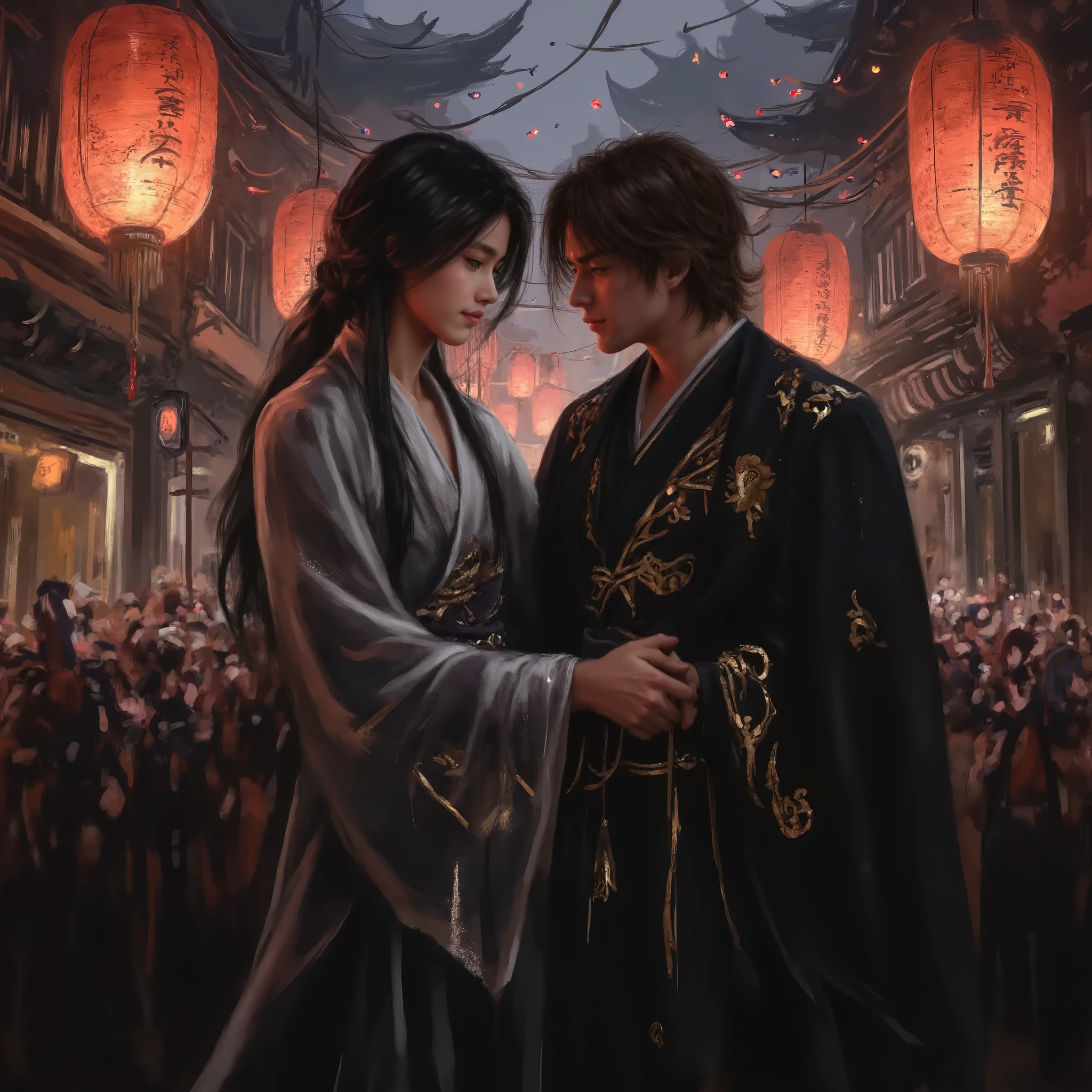 Two men hold each other, in an Asian setting, in the middle of the night, with flying lanterns. One of them has an androgynous style: he has long black hair, green eyes, pale skin and wears a white hanfu. He exudes an aura of elegance and smiles shyly. The other man has dark brown hair, brown eyes, wears a black and gold hanfu, and is taller and slightly more muscular.