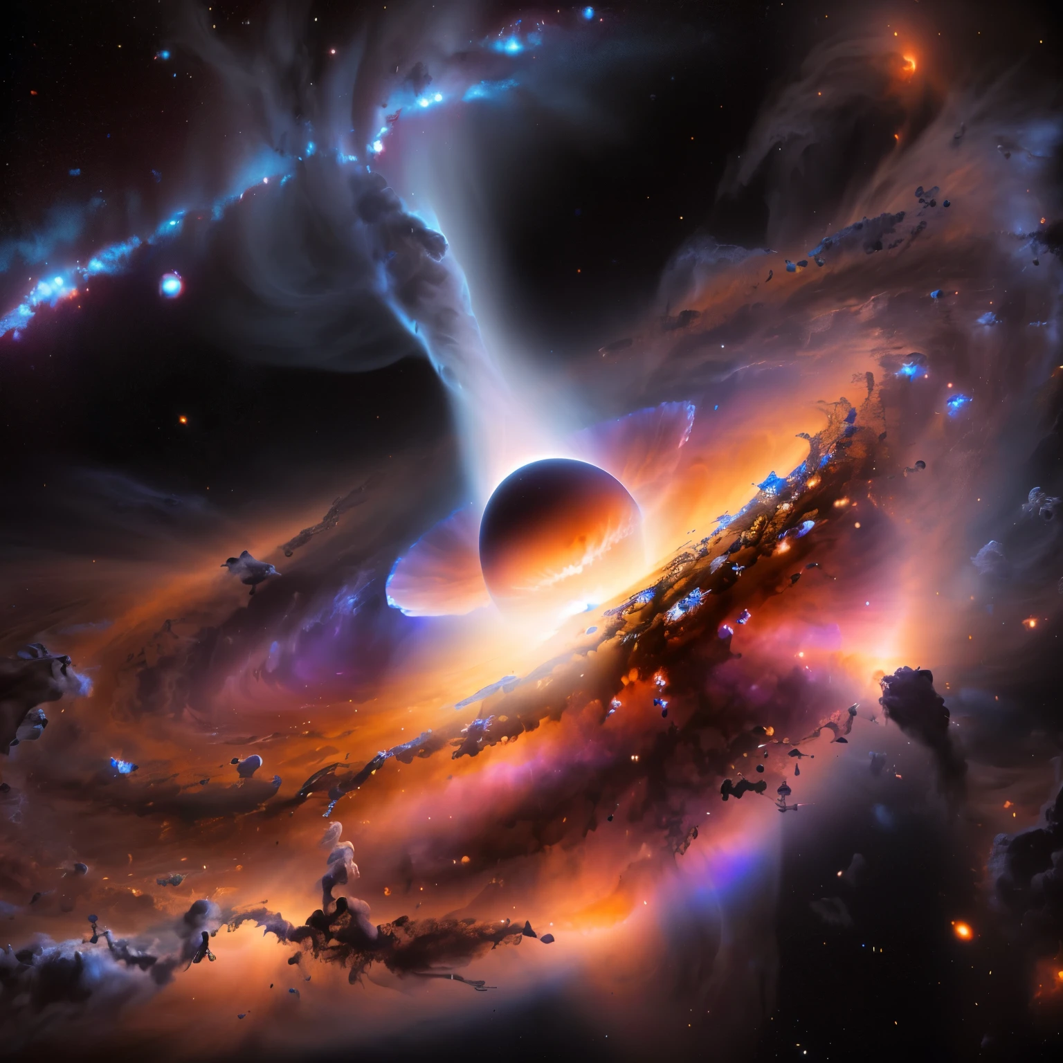 a close up of a black hole with a star in the background, Coming out of a black hole, accretion disk of a black hole , black holes in space , are being sucked into a black hole, Black hole event horizon , black hole time portal coming out of a black hole , Journey to a Black Hole , Inside a black hole , abstract black holes in space , interstellar black hole 、 in the center is a giant black hole from an interstellar movie , Super High Definition, high definition , High Quality , plasma clouds 、gravitational radiation 、 swirling chaotic light 、 emits huge jets of plasma vertically from the center、Spacetime is distorted and images look distorted、