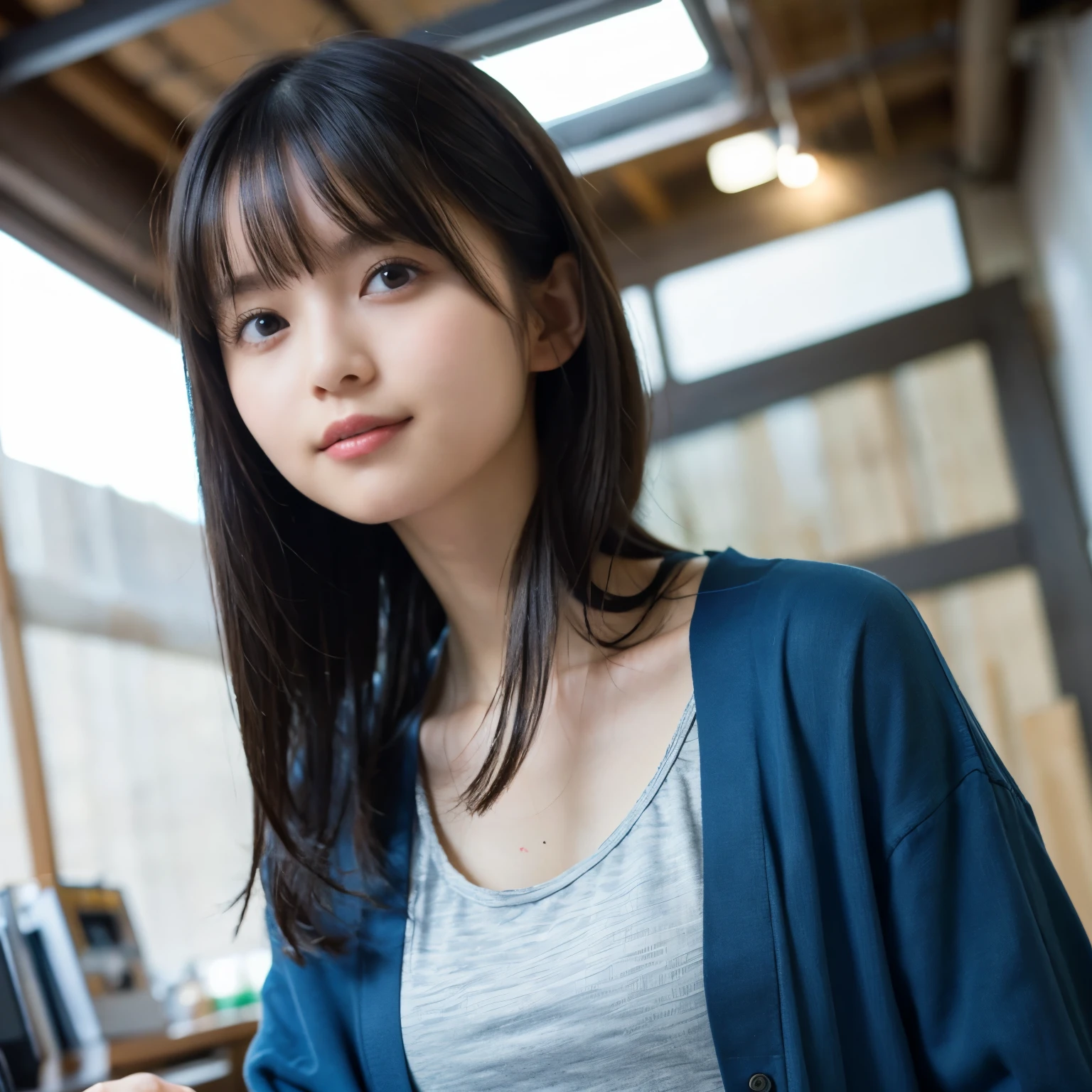  deep blue long cardigan ,  white tank top,  denim shorts, A bright office with sunlight ,  sunshine,  with a person, (bow:1.2), (Look up at the camera:1.4),Hair that sways as you move at an angle from above,  A light, fresh, and professional impression,  girl, busty,  black hair,  straight hair,  with bangs, 's greatest masterpiece,  professional lighting, Lighting from the front, reflex version