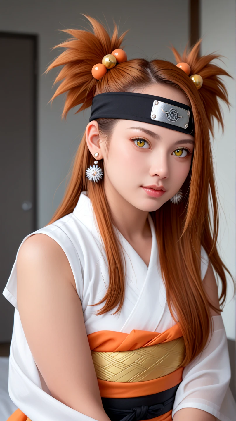 chouchou akimichi, 1girl, brown skinned exotic, curvy, big boobs, orange hair, hair over one eye, two side up, long hair, yellow eyes, hair bobbles, white kimono, short kimono, sleeveless kimono, yellow obi, orange sash, fishnets, Black hand guard, black thighhighs, forehead protector, jewelry, earrings