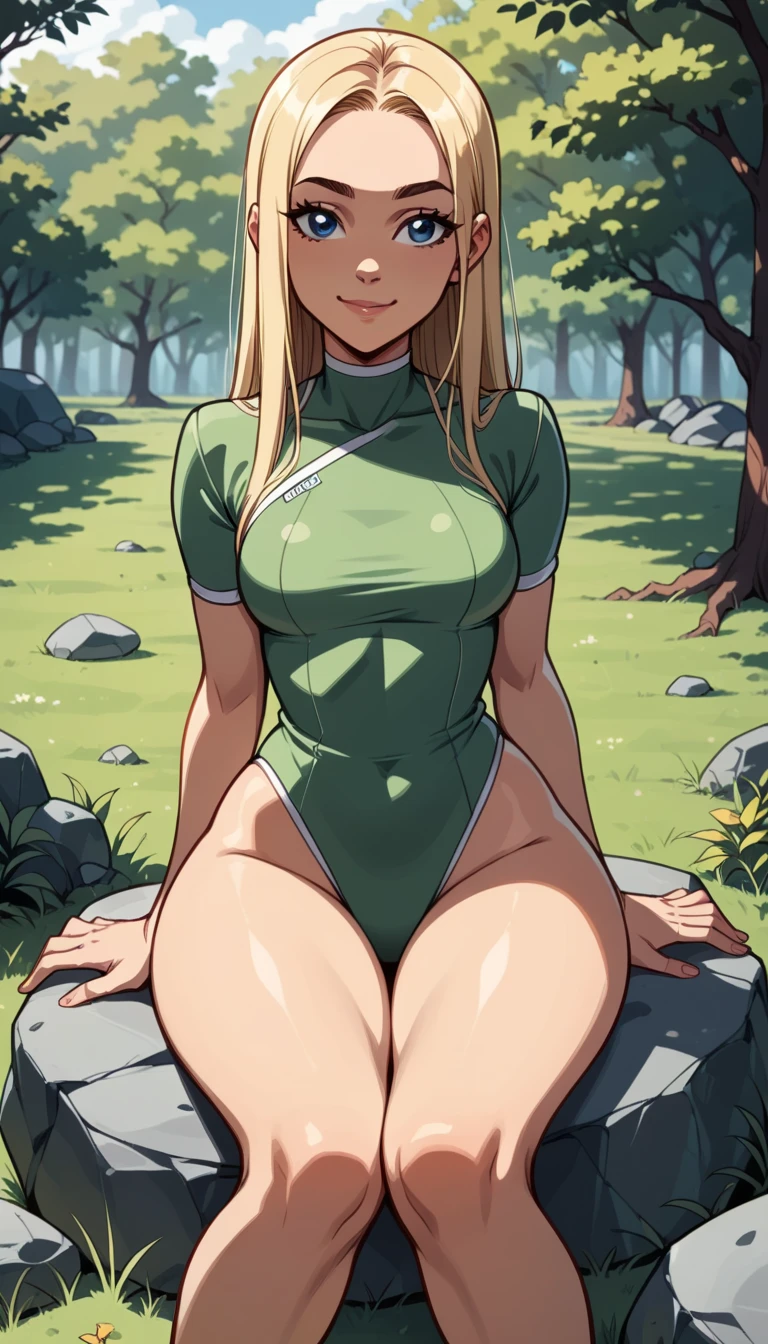 , 1  (  blonde hair,   long hair, semi-closed blue eyes  ),Wear a well-low-cut light green swimsuit:1.0,  Alone, ( sitting on a rock , hands on thighs), ((adult:1.4)), (  lower body  :0.9), (( looking to the side)),   (five fingers),  mischievous smile, (    wide hips  :1.4), (   thick legs   :1.4),on a sunny day,  light shines on her ,  outdoor, Grass and Trees , wind, efeitos do wind