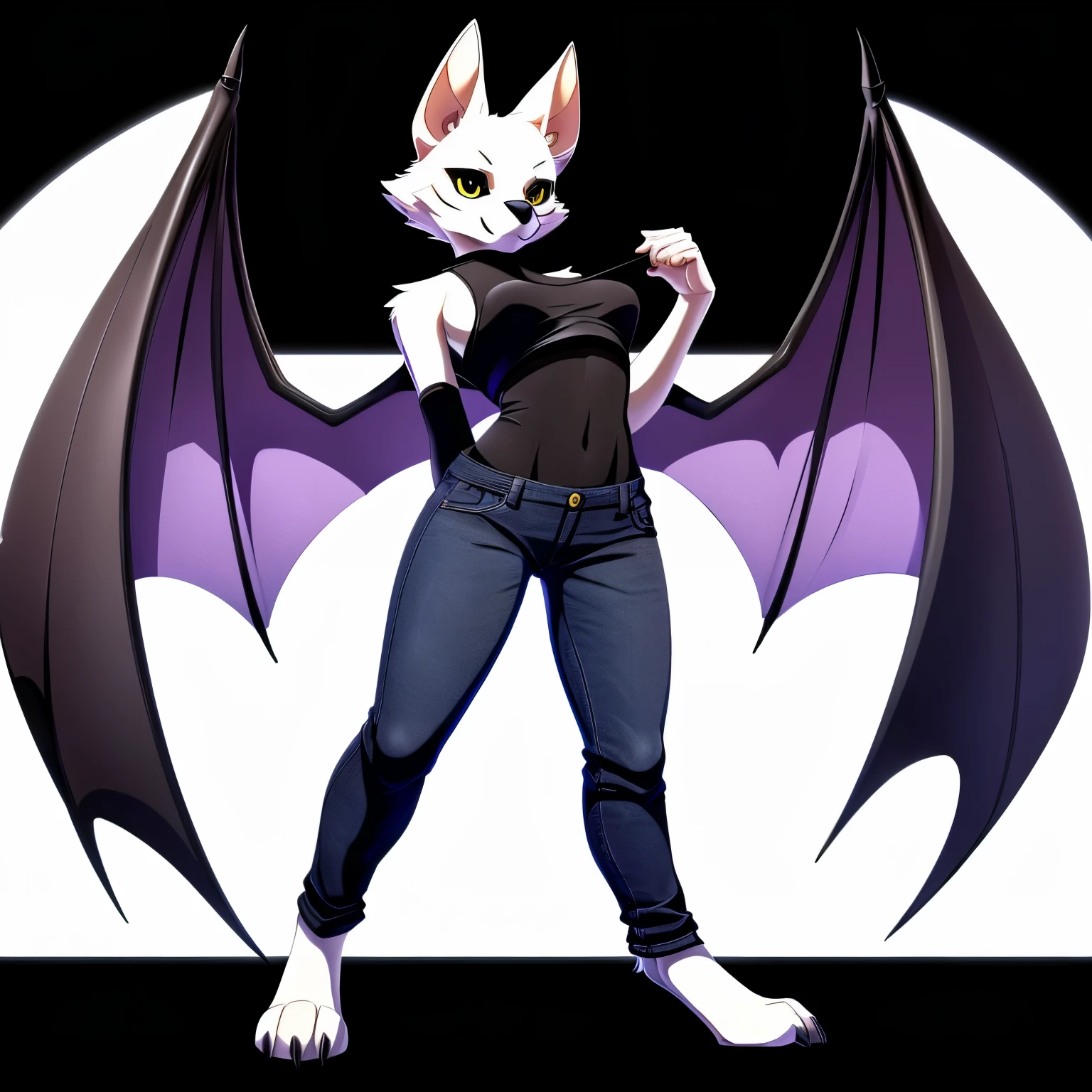 SFW version, anime, anime style, solo drawing, ((three-quarter view)), ((looking to the side)), full body picture, ((female Anthro bat character)), ((Tall figure)), ((buxom figure)), ((white skin)), clawed hands, ((clawed feet)), ((huge bat wings)), ((Purple Bat Wings)), ((white bat ears)), ((wearing loose black jeans)), ((wearing black crop top)), ((white face)), ((neutral expression)), bright yellow eyes, ((digitigrade legs)), ((digitigrade feet)), solid black background, highly detailed anime style, clean lines((hourglass figure)), short white muzzle, white furry cheeks, white furry muzzle