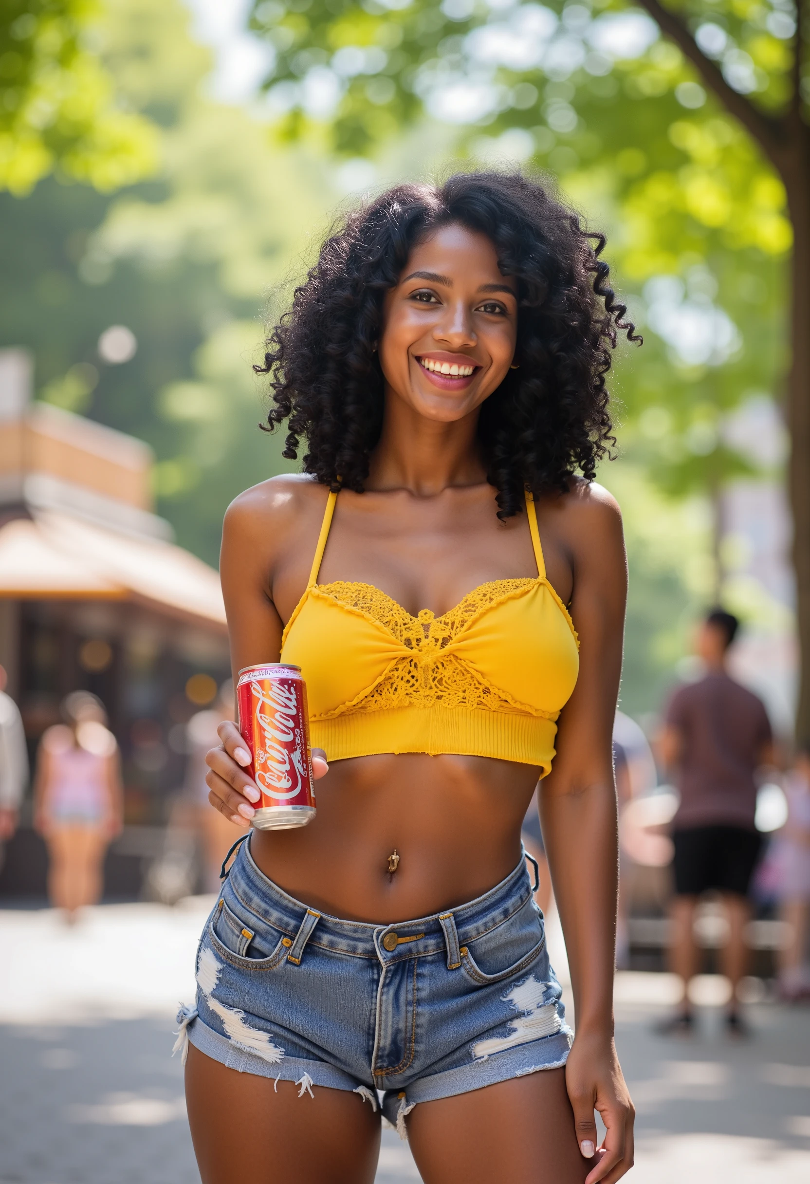 Professional photograph of a beautiful 19-year-old woman smiling in a square in a large city. Her skin is dark, her hair is curly, she is wearing a yellow cropped with a gypsy neckline, short, frayed denim shorts, and white-framed sunglasses. She has an athletic body and is holding a can of soda in her right hand. She smiles brightly at the viewer with her combs and well-defined lips. She is in a square with many trees and in the background you can see a blurred city. Sunny day, summer, sunbeams, rays of God, natural light, boke effect, depth of field, light scattering, high exposure. Full body.