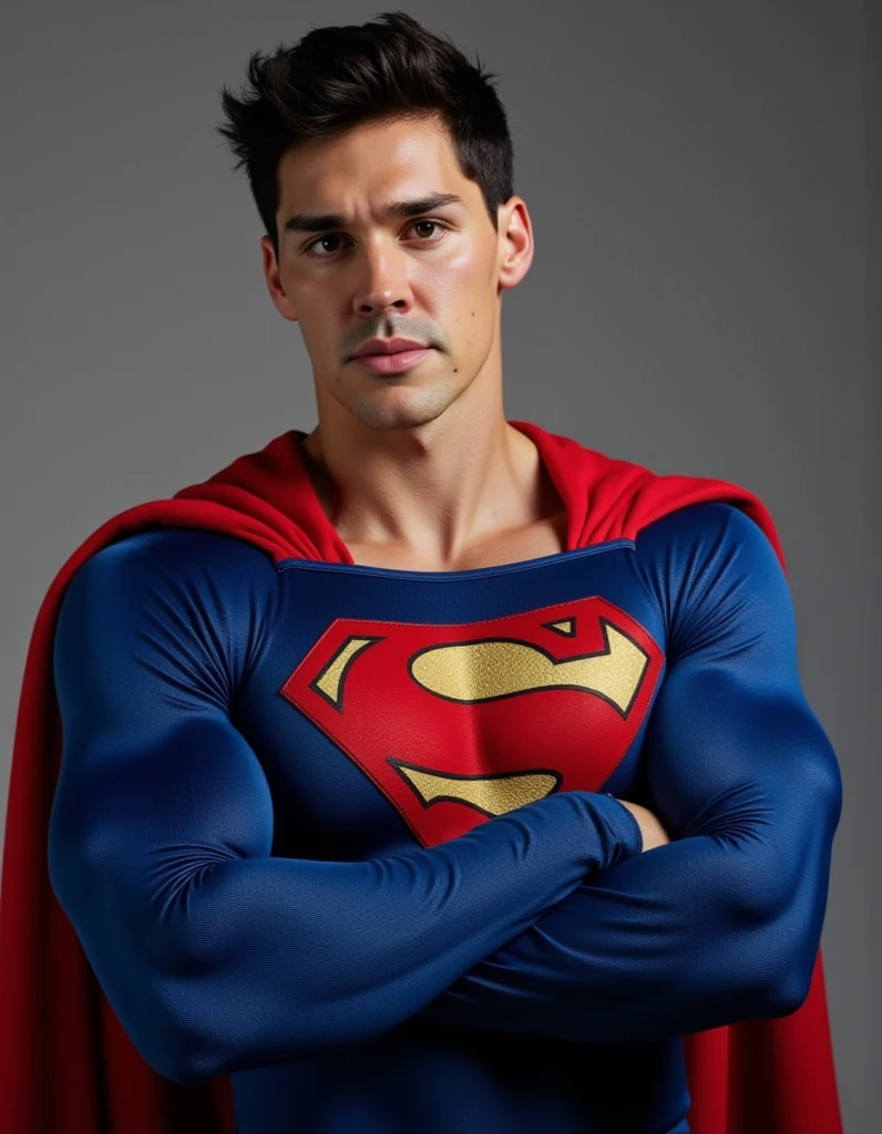 Noah Beck, wearing long-sleeve superman costume (think movie version of Superman-black undercut, blue tights and red cape), upper body, arms crossed, muscular, chiseled jaw, strong physique, undercut haircut combed back, short beard, showing off his well-defined physique. His skin glistens with sweat, highlighting his bulging muscles, Muscular man radiates confidence and power, his defined and wavy muscles. The intricate details of his defined chest, ABS, and the arms are emphasized, showing off his toned physique. in camera studio with 3 flash, soft lighting.

A bald man stand by Nick Bosa. Nick Bosa kiss A bald man.A bald man wearing an unbuttoned pink denim shirt .
