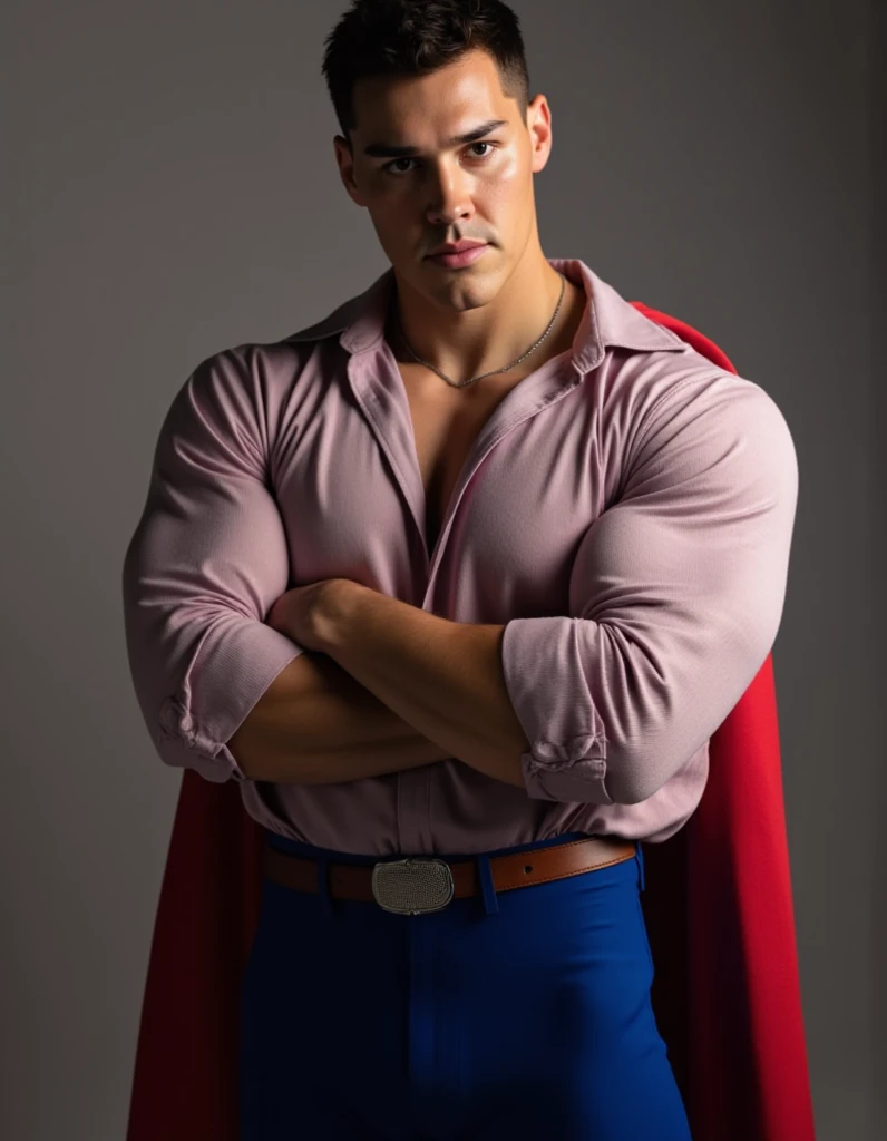 A bald man stand by Nick Bosa. Nick Bosa kiss A bald man.A bald man wearing an unbuttoned pink denim shirt .

Noah Beck, wearing long-sleeve superman costume (think movie version of Superman-black undercut, blue tights and red cape), upper body, arms crossed, muscular, chiseled jaw, strong physique, undercut haircut combed back, in camera studio with 3 flash, soft lighting.
