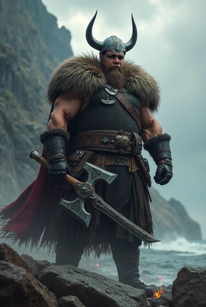 a viking warrior,highly detailed portrait,epic heroic pose,muscular physique,battle-scarred face,piercing eyes,flowing blonde hair, helmet,rugged leather armor,weathered skin,holding a battle-axe,standing in a rugged landscape,dramatic lighting,moody atmospheric background,cinematic composition,masterpiece,photorealistic,8k