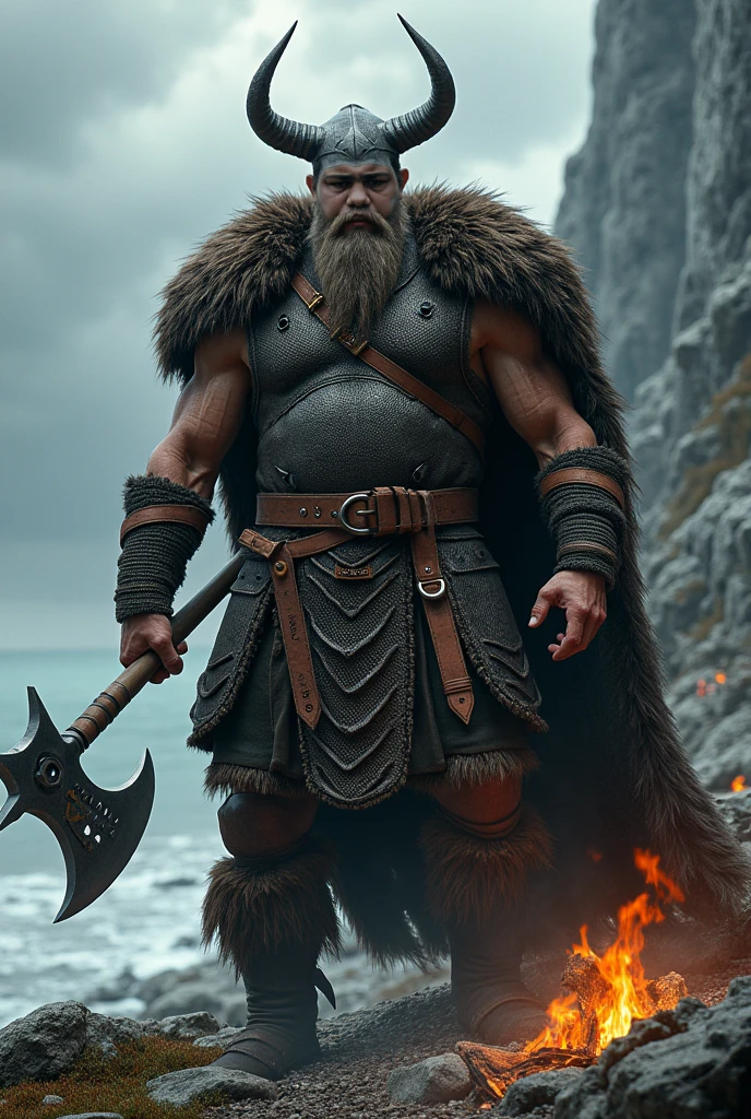 Viking Berserker: A towering Viking warrior with a fur cloak and blood-streaked battle axe, roaring defiantly on a stormy cliff edge with lightning flashing in the background.