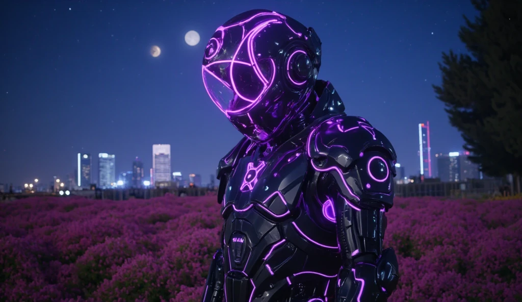 full body of a handsome Korean man like a kpop idol, with a futuristic robot body, black cyborg armor with glowing purple lines, he wears a mecha robot armor mask, all his cyborg armor has very detailed machine models, he is standing in a beautiful flower garden, at night , with behind him a sky full of stars and many planets behind him, 