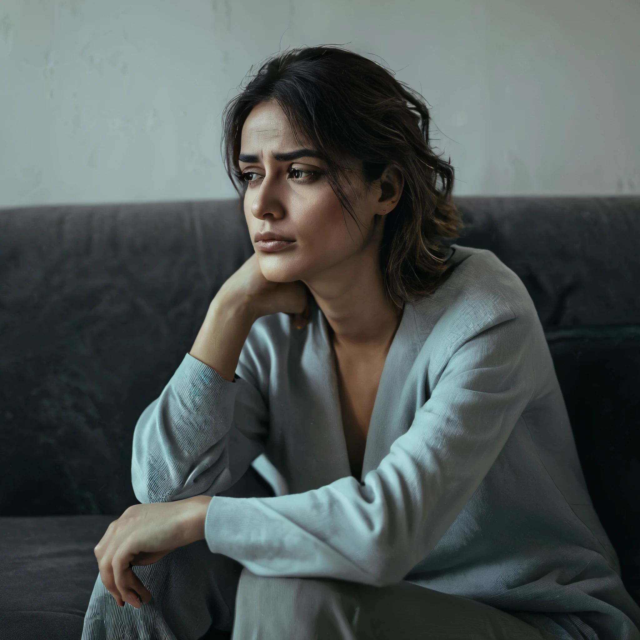 A woman sitting on a sofa sad and melancholic