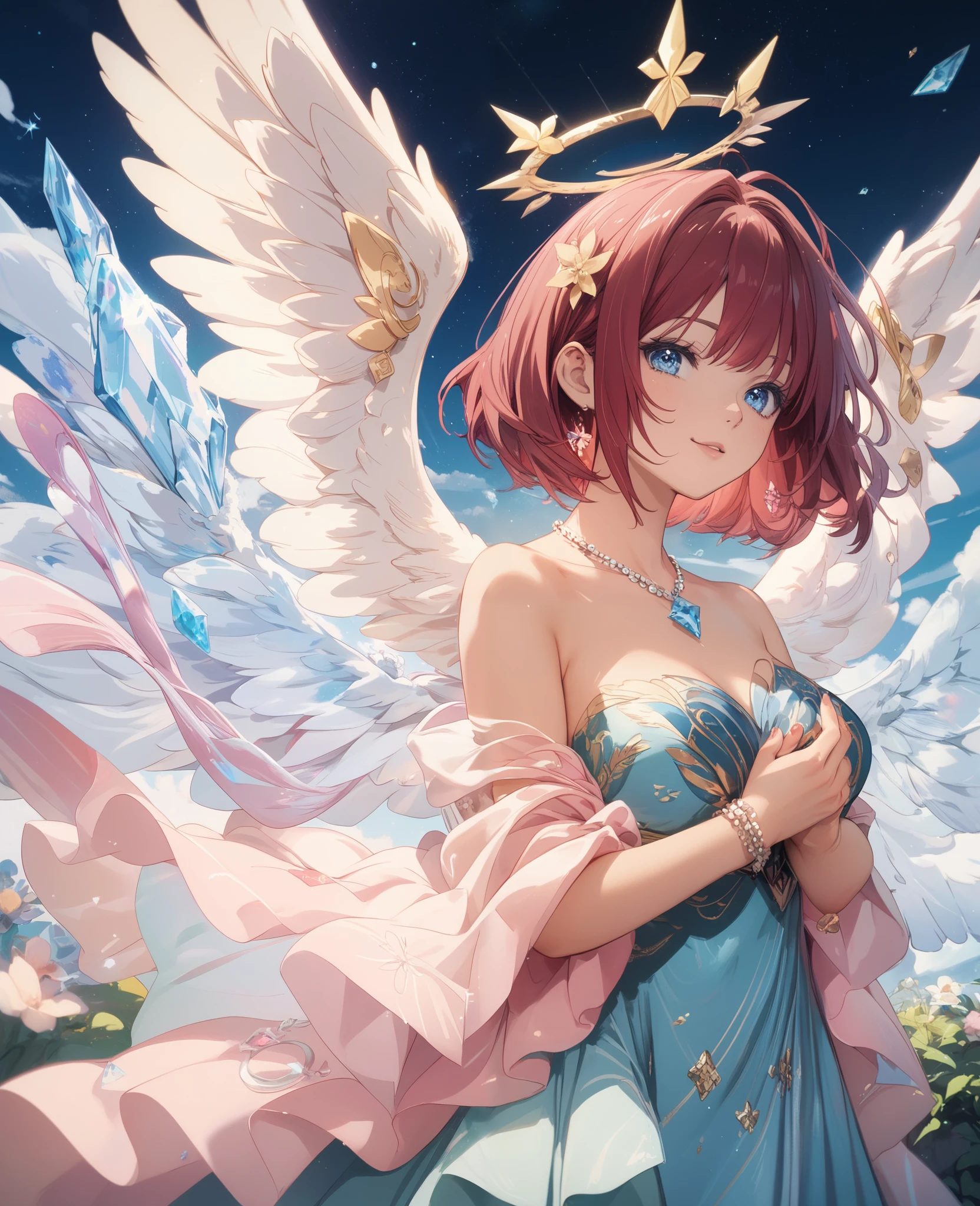  beautiful faces ,  pastel pink flowing shawl , dress up in fantasy ,  casual jewelry such as delicate bracelets with star charms、Delicate decoration、Short bob-like hair ,  maroon hair in the garden,  I have mystical cards with celestial designs including a crescent moon and shining stars 、 4K resolution, 最 High Quality ,  In Front Of The Public , Masterpiece,  Crystal Blue Eyes , Broken  angel Halo,  angel&#39;６Wings、 High Quality , 
