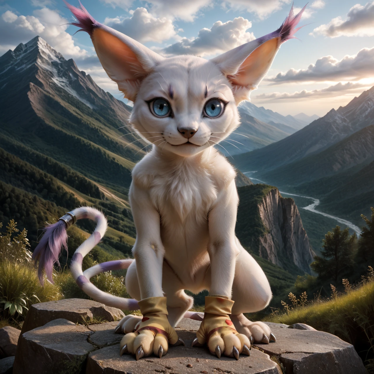 score_9, score_8_up, score_7_up, score_6_up, front view, full body, gatomon, stands, solo, furry, gloves with claws, tail ring, very detailed fur, realistic fur, in the mountains, (detailed background), high quality, highly detailed, photorealism, photorealistic, dslr, photo