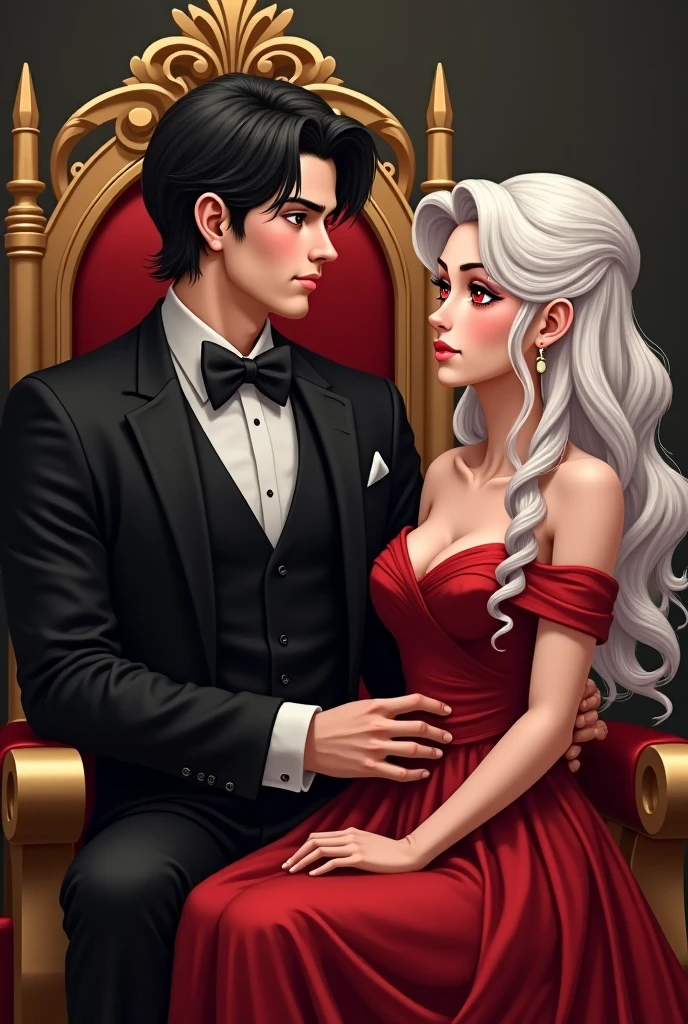 An anime cover. A white-skinned girl in a short red dress sitting on a Queen's throne with a crown, a very pretty girl, and on the same throne, a darker-skinned guy taller than both of them sitting on the furniture, the guy kissing the girl's hand in anime, kissing the girl's hand, he's wearing a white shirt and black pants, the guy is sitting with her. 
