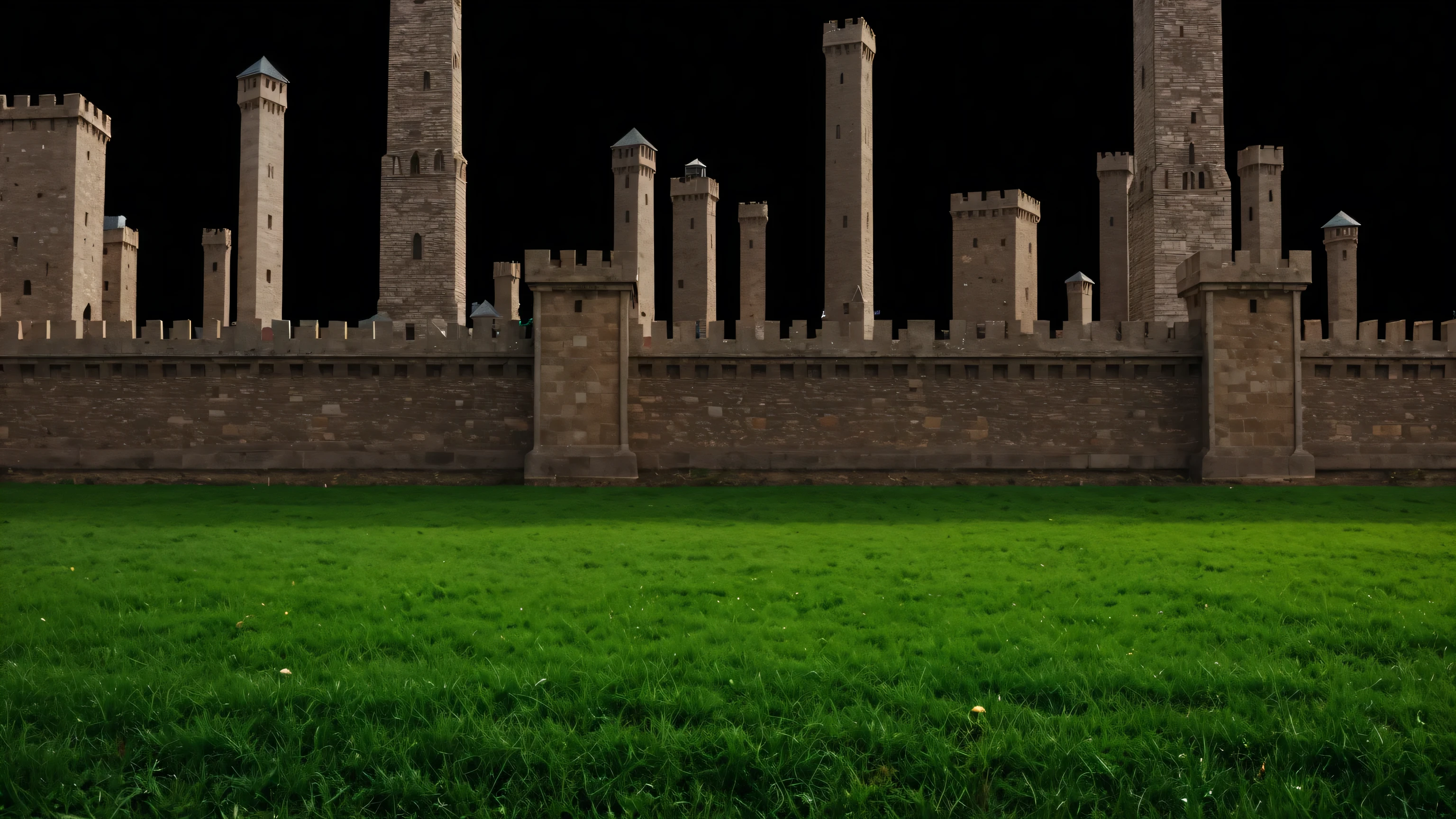 Photo of a medieval landscape in which you can see a lawn and at the end of the lawn a defensive wall that contains impressive towers