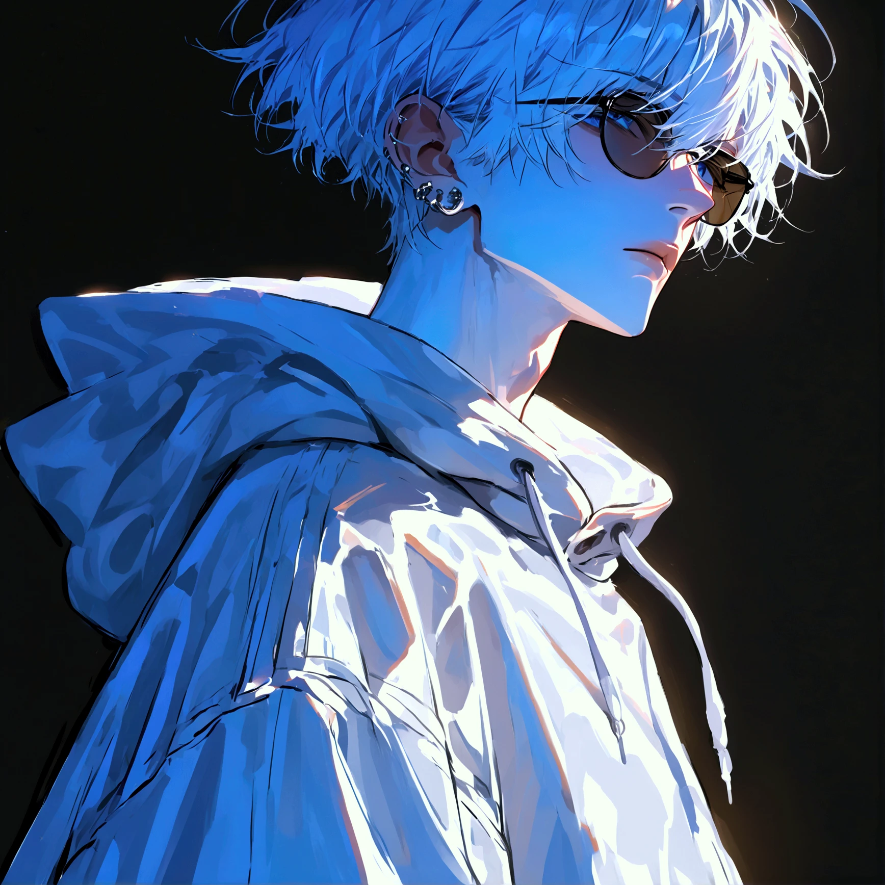  impasto,  short hair, Masterpiece,  best quality , 1 person , white hair ,  perfect face ,  Blue Eye  ,   handsome man   , Alone,  blue-white skin ,  adult male  ,  upper body , Delicate line drawing, side View ,  very detailed ,  black background , sketch ,  Stylish clothes , black sunglasses , white oversized hoodie with put on a hood , modern style , piercing , 