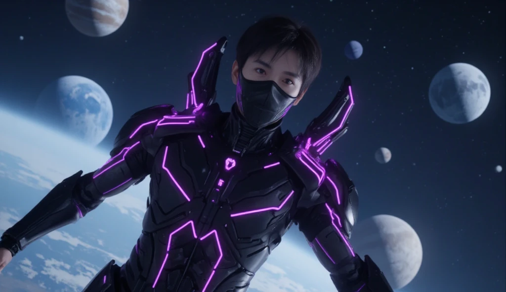 full body, a handsome Korean man like a Kpop idol, with a futuristic robot body, black cyborg armor with glowing purple lines, he wears a mecha robot armor mask but his eyes and hair remain human, all his cyborg armor is a very detailed machine model, he floats in space, with behind him a sky full of stars and many planets behind him,