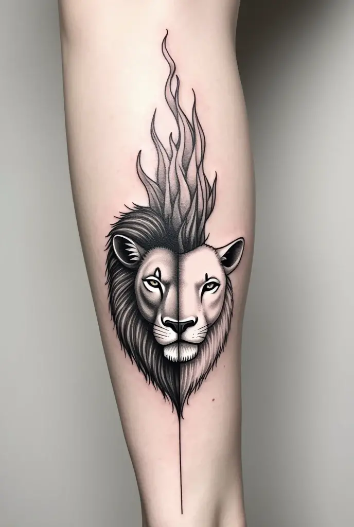 Minimalist tattoo of a lion&#39;s face looking to the left, Below it is a face of a lamb looking to the right and a large flame dividing them. 