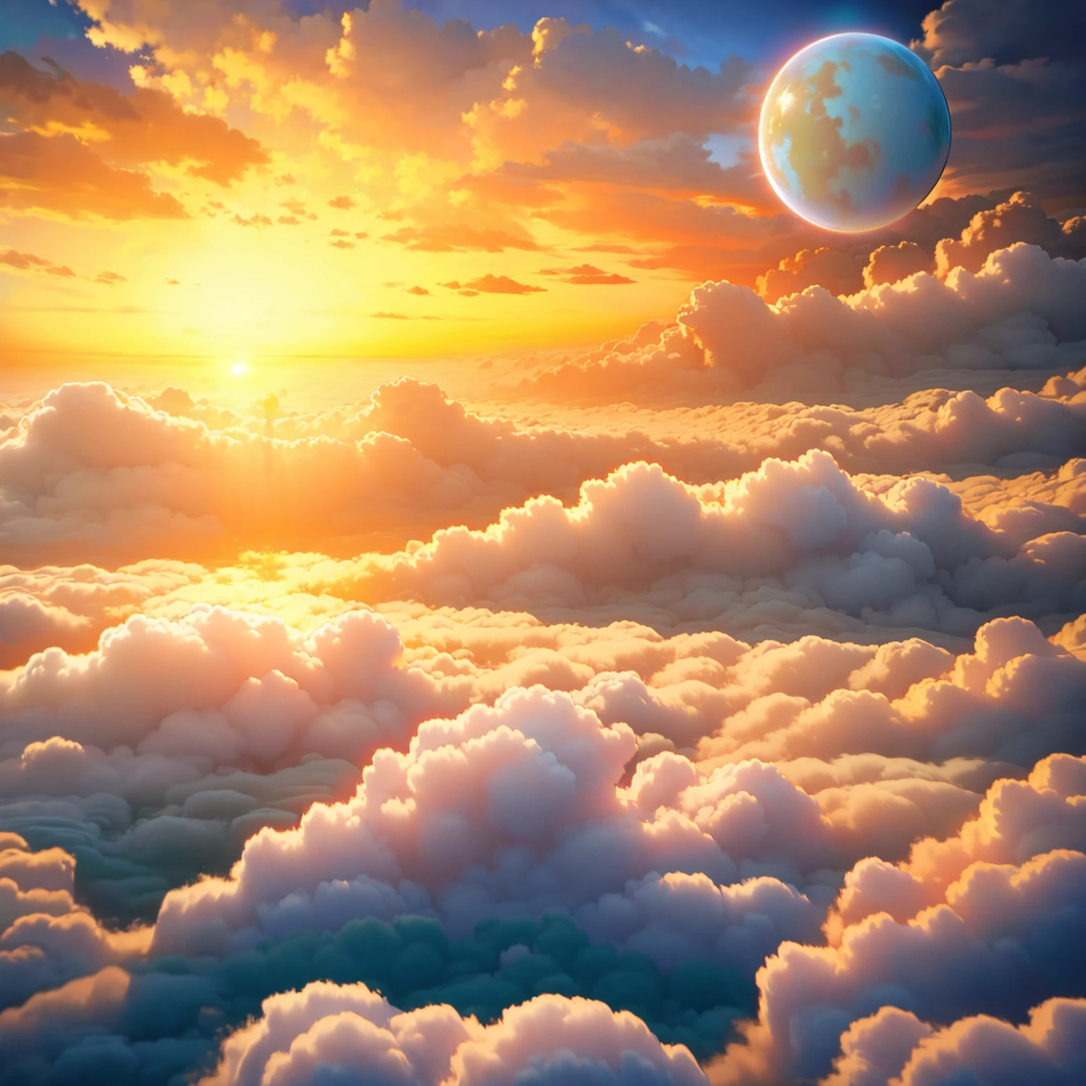 8K quality,(masterpiece:1.3), best quality , detailed images,unmanned, Above the Clouds,Floating( has one perfect sphere floating(One blue water-only planet )),background( golden gradation,Sunset gradation).