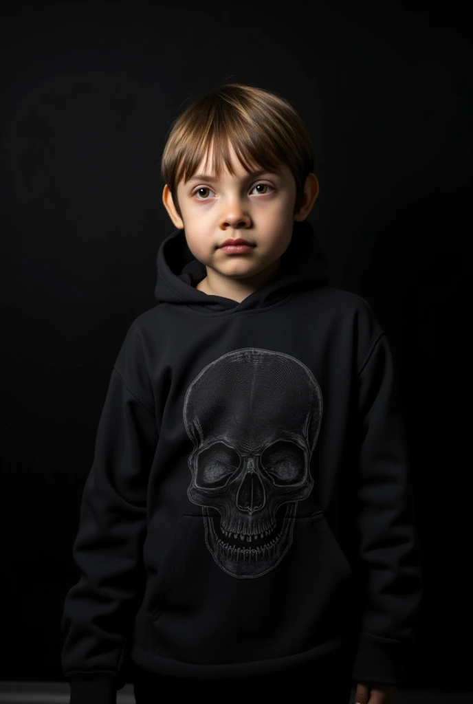 Take me a picture of a 1 boy with a black jacket on his chest, the comic skull in Black Background 