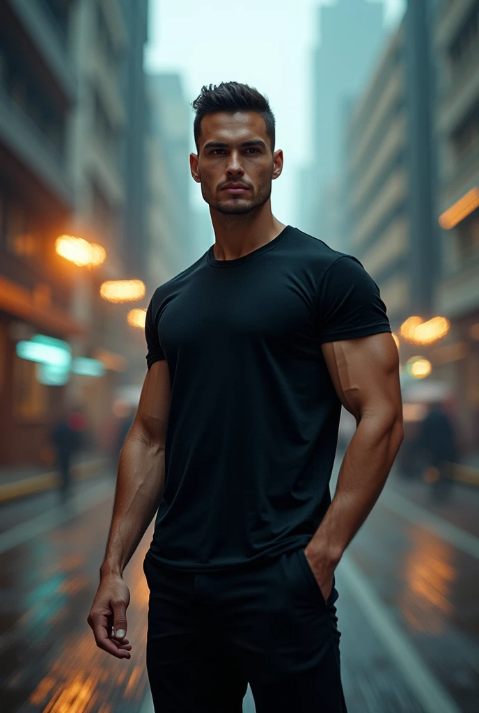 male model, posing for a photo without showing your face , city background
