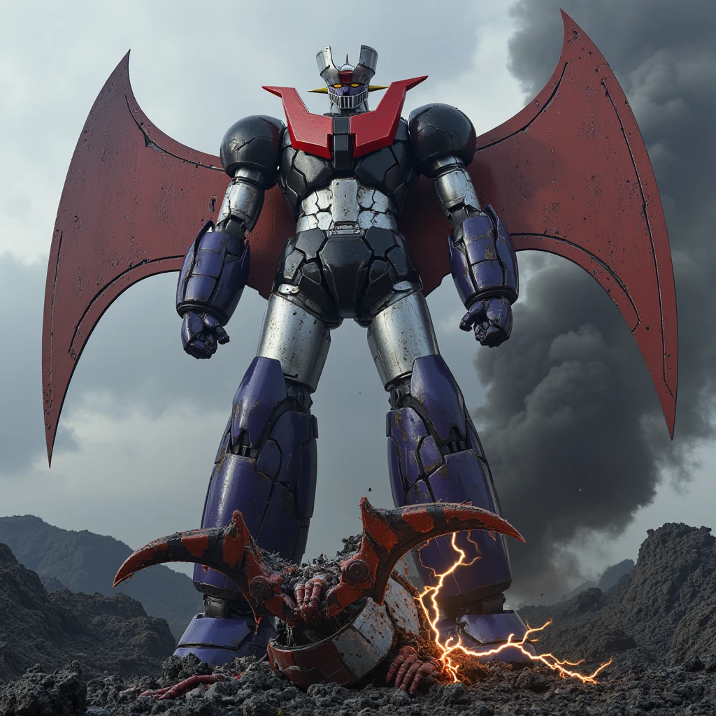 A very realistic version of Mazinger Z remodeled into an overwhelmingly giant,   standing 100 meters high in a combat position.  thunder　Remains of an enemy robot beast at the foot 　