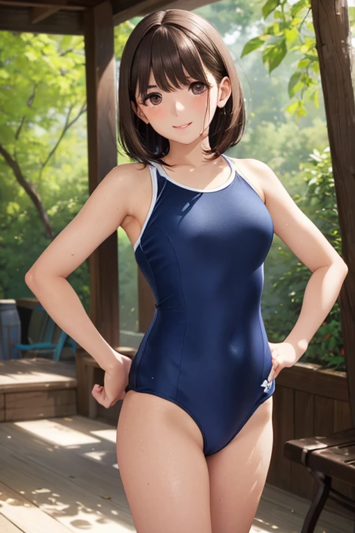 ((masterpiece)),((highest quality)),((Anatomical)),((Realistic)),((Detailed Description)),((cute)),((((Pool)))),(((1 kindergartener))),((Beautiful eyes)),((Baby Face)),((Petite)),((Bewitching Smile)),(((School Swimsuit))),(((Glasses))),Full body view,Gymnastics Mat,