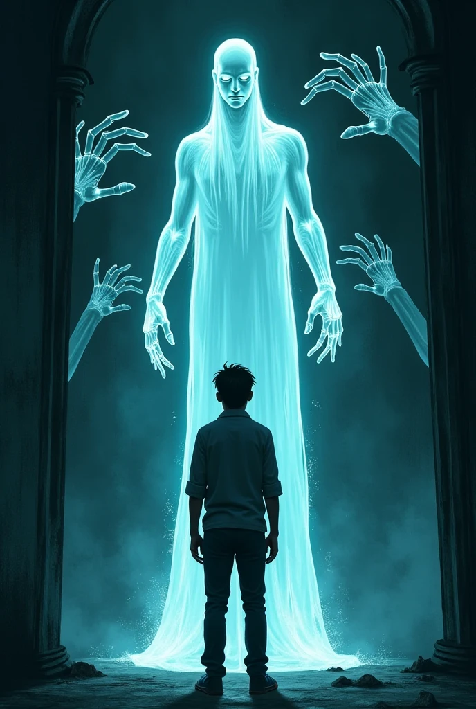 The protagonist looks at the spectral figures with a mixture of fear and reverence..
The spirits seem to communicate with him through his movements., as if they were showing him what he must do to survive the earthquake.