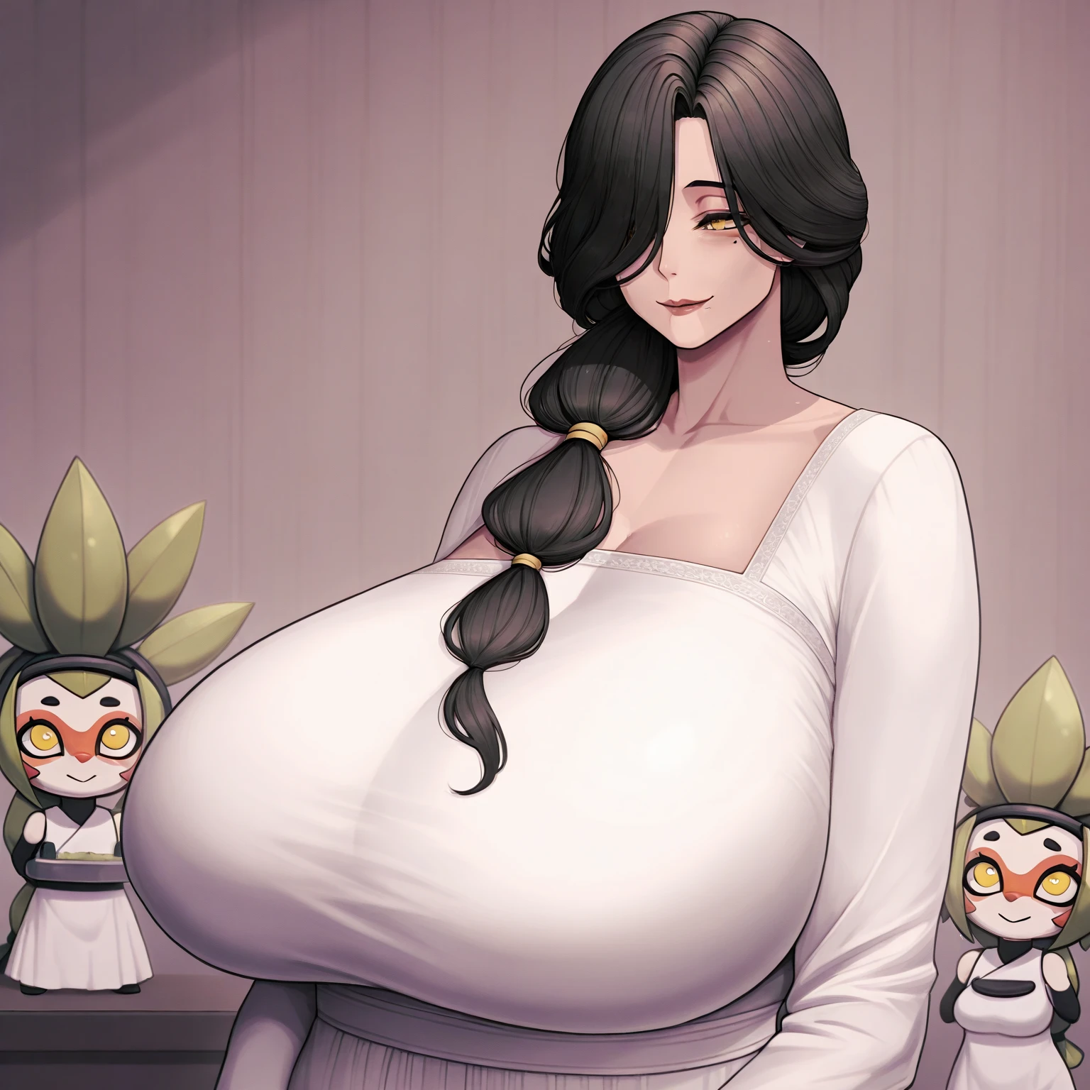 half smile, mixed_artwork style, (detailed eyes), (Mature woman), beautiful woman, big breasts, black long hair, hair tied on back, bangs over eye, (oriental white dress, murim, cultivator), yellow eyes, mole under eye, huge body