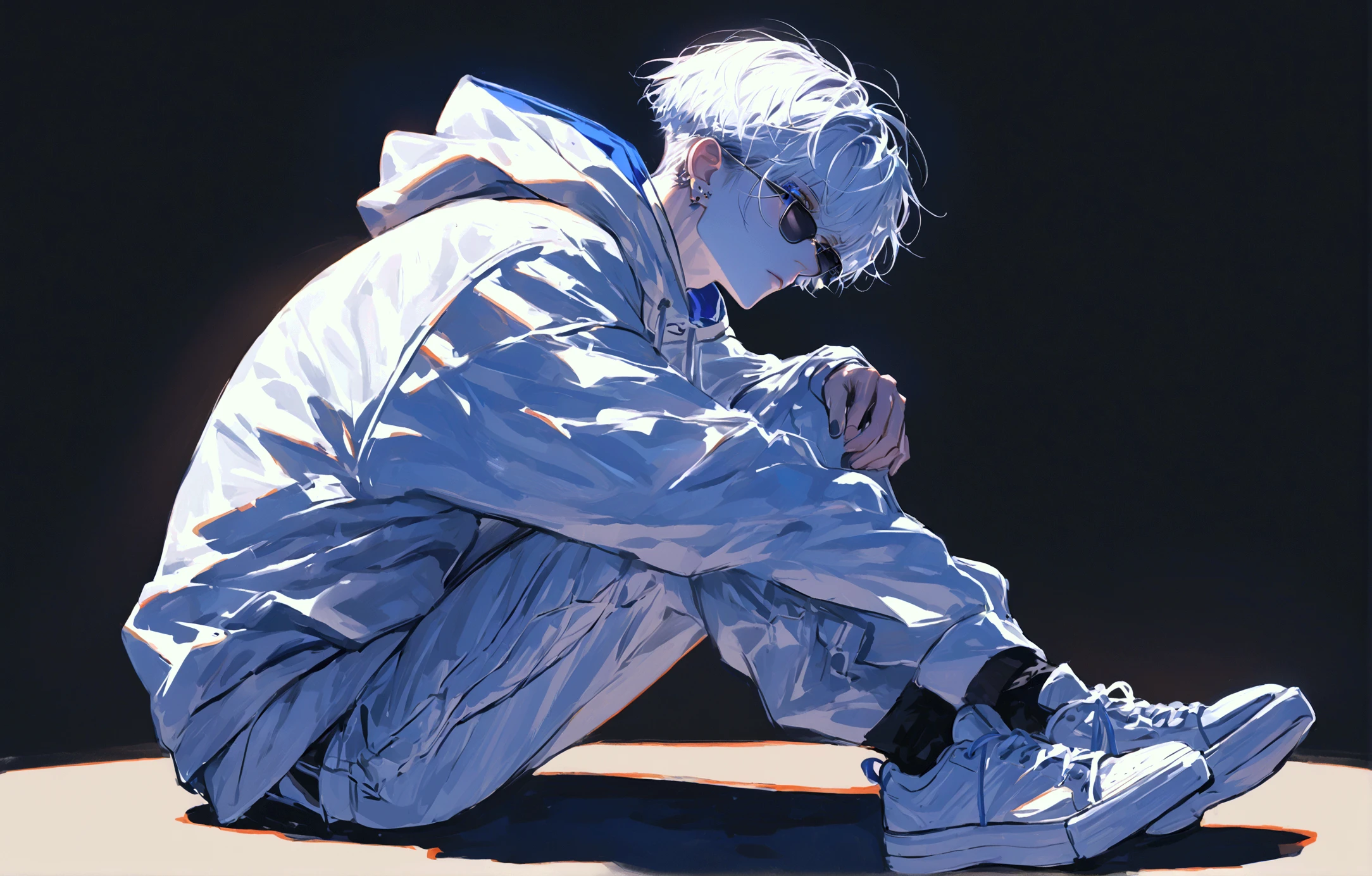  impasto,  short hair, Masterpiece,  best quality , 1 person , white hair ,  perfect face ,  Blue Eye  ,   handsome man   , Alone,  blue-white skin ,  adult male  ,  full body , Delicate line drawing, side View ,  very detailed ,  black background , sketch ,  Stylish clothes , black sunglasses , white oversized hoodie with put on a hood , modern style , piercing , Sneaker , sit ,star