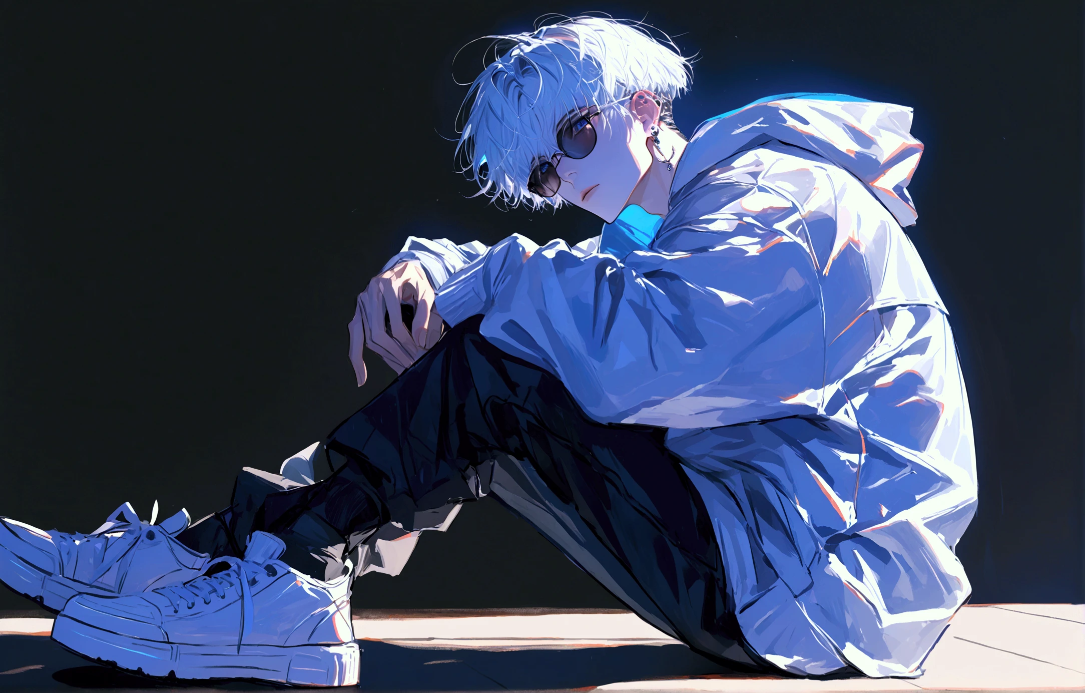  impasto,  short hair, Masterpiece,  best quality , 1 person , white hair ,  perfect face ,  Blue Eye  ,   handsome man   , Alone,  blue-white skin ,  adult male  ,  full body , Delicate line drawing, side View ,  very detailed ,  black background , sketch ,  Stylish clothes , black sunglasses , white oversized hoodie with put on a hood , modern style , piercing , Sneaker , sit ,star