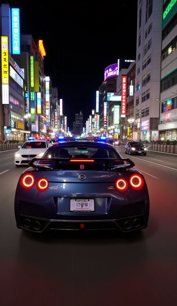 modified r34gtr ,Japanese Signs、 night view、  Japanese Vehicle License Plates、（ may be chased by police cars）、