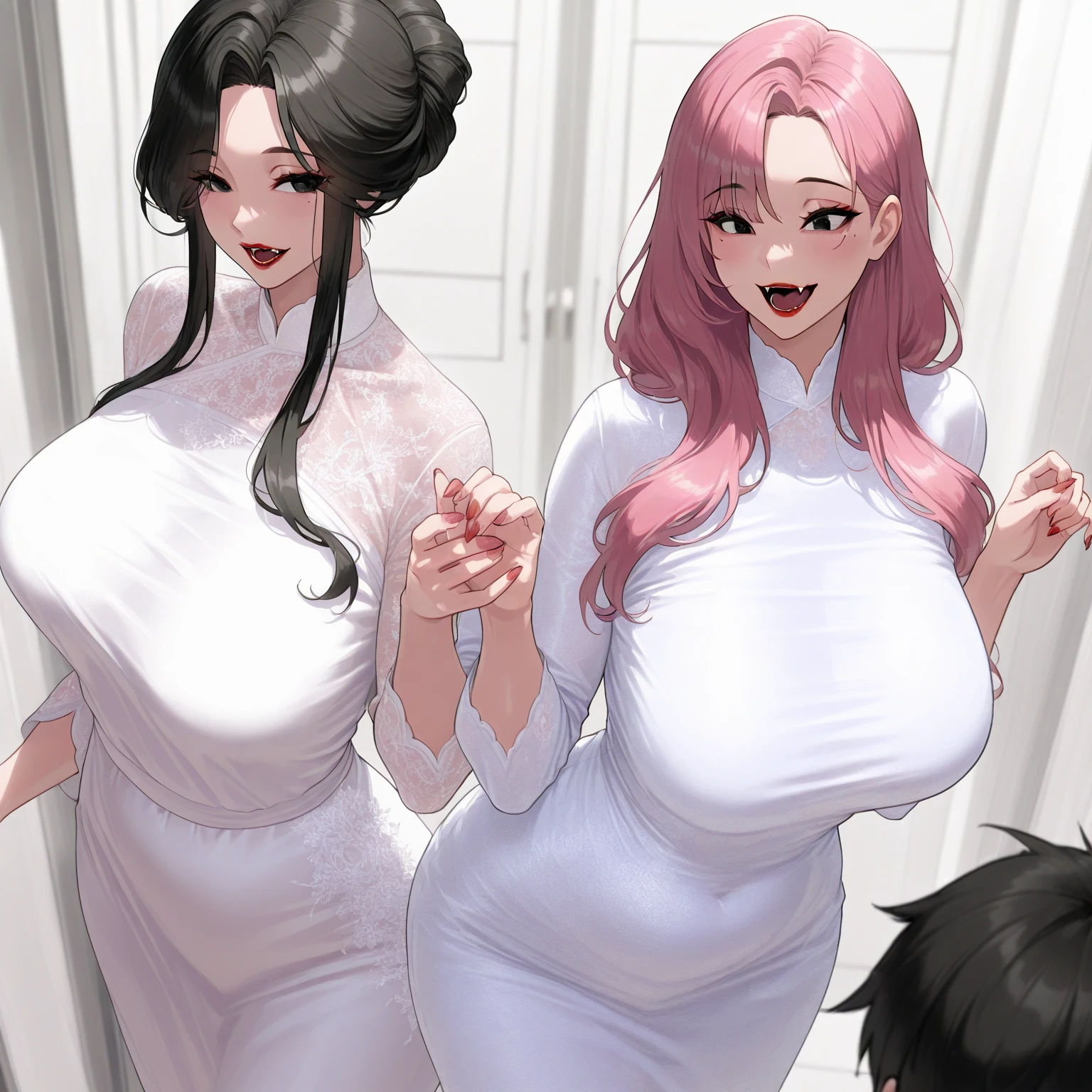 mixed_artwork style, (detailed eyes), (Mature woman), beautiful woman, medium breasts, (pink long hair), Side bangs, (black white oriental dress), black eyes, red lipstick, mole under eye, huge body, (open mouth), pretty nails, cute fangs, full view