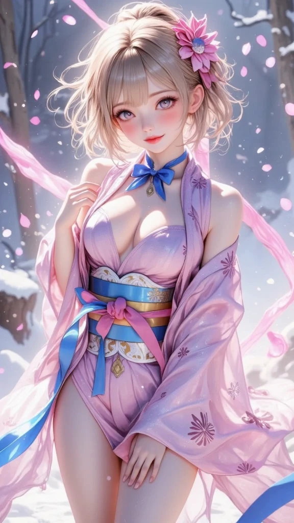 (UHD, 32k, realistic, highest quality: 1.4), (Japanese,woman,pink and white hair, (blue eyes)),((Please show me your armpits),whole body,open your legs),((transparent clothes 2)),(metallic,body suit,garter belt,gloves)