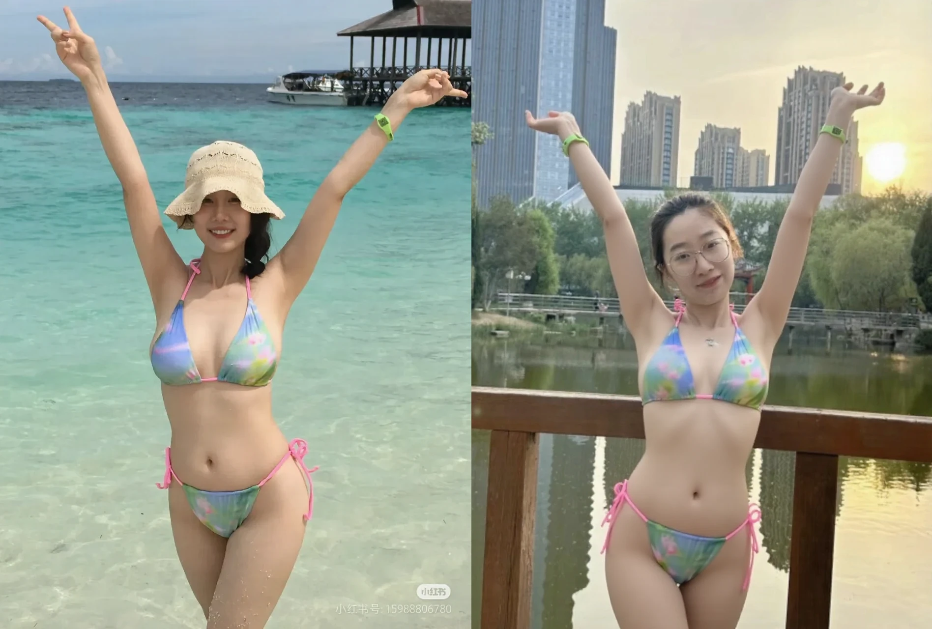 Full body shot, Korean valley water background, water fun, splashing water, people around, Korean girl in her 20s, open shoulders, muscular legs, string tank top, pictorial model, model pose, magazine color, S-line pose, plump lips