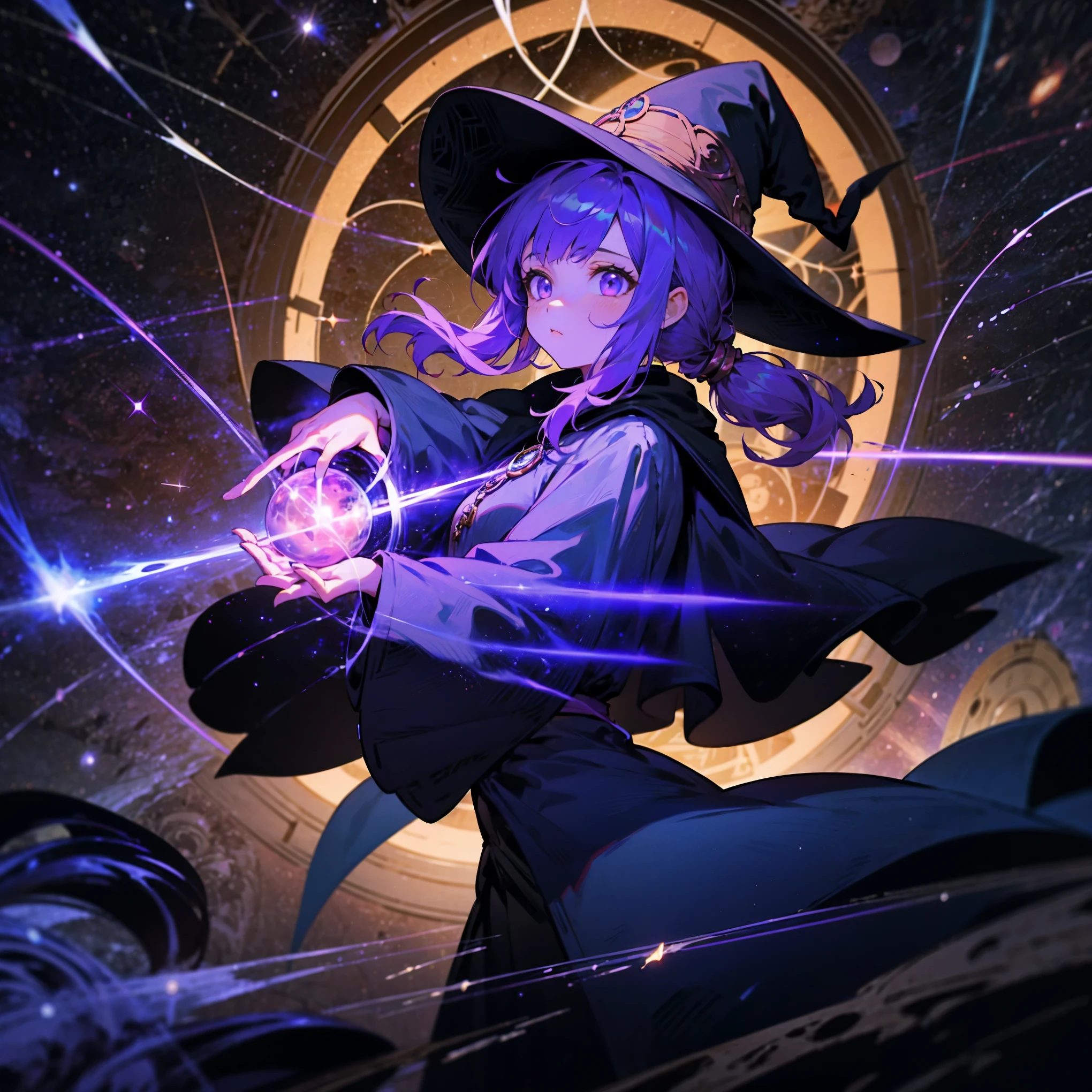 A girl with purple hair and a ponytail stands looking at a mysterious chaotic space gate in the middle of an endless dark cave, wearing a costume, a witch's hat with a bright astronomical constellation pattern, in the cave there are purple crystals shining alone in the dark, mysterious, detailed, magical, astronomical