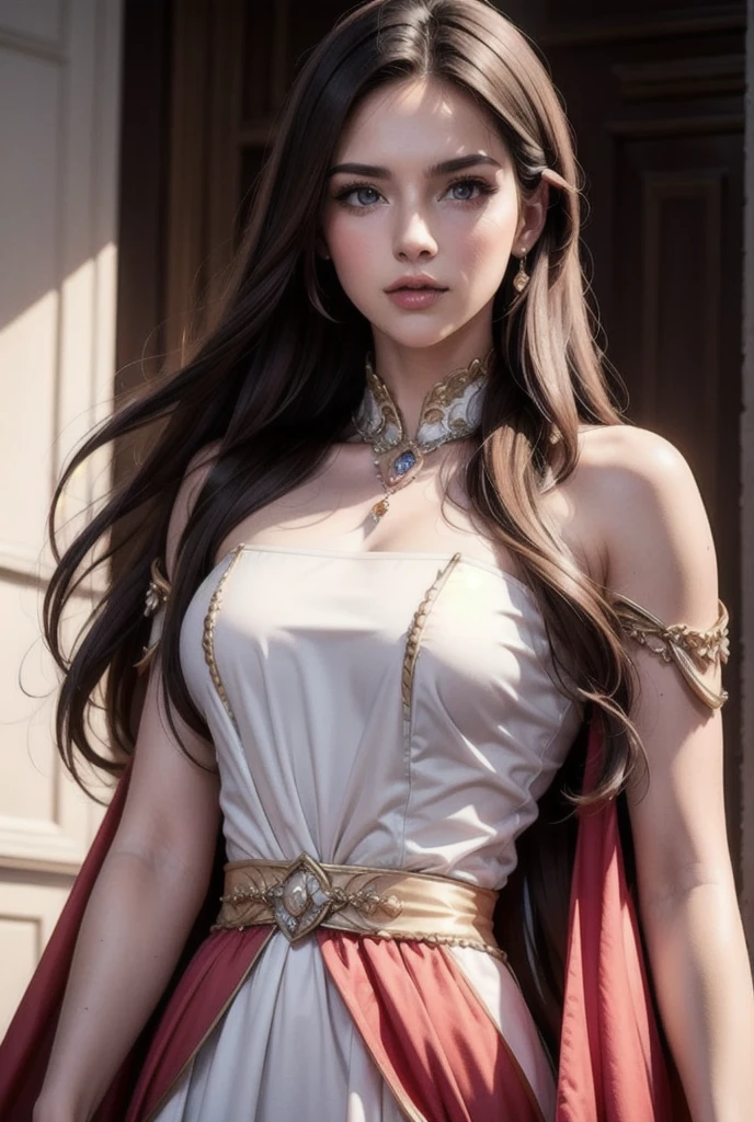 (masterpiece, top quality, top quality, official art, beautiful and aesthetic: 1.2), ultra-detailed complex 3D rendering of face, (big: 7.8), blue crop top: 1.8, perfect figure: 1.4, slim abs: 1.1, (1 girl), (warrior queen red armor, fur-lined cape, jeweled crown: 2.2), serious, cleavage, brown hair, white skin