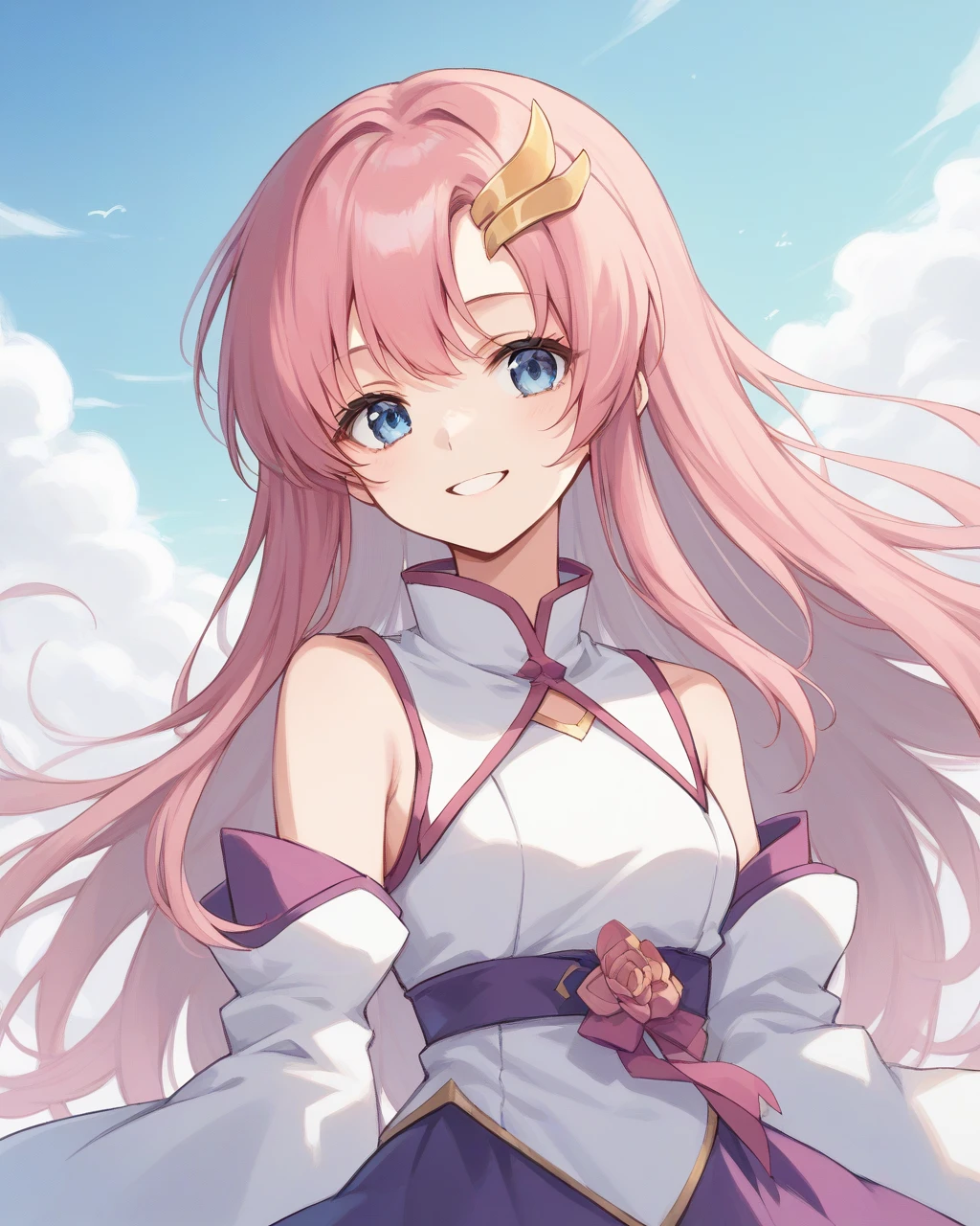 score_9,score_8_up,score_7_up,best quality, 4k, rating_safe, very aesthetic, source_anime,1girl,
Lacus ClyneBB,blue eyes,pink hair,long hair,hair ornament,white dress,white detached sleeves,purple skirt,
upper body,looking at viewer,smile,dynamic angle,,