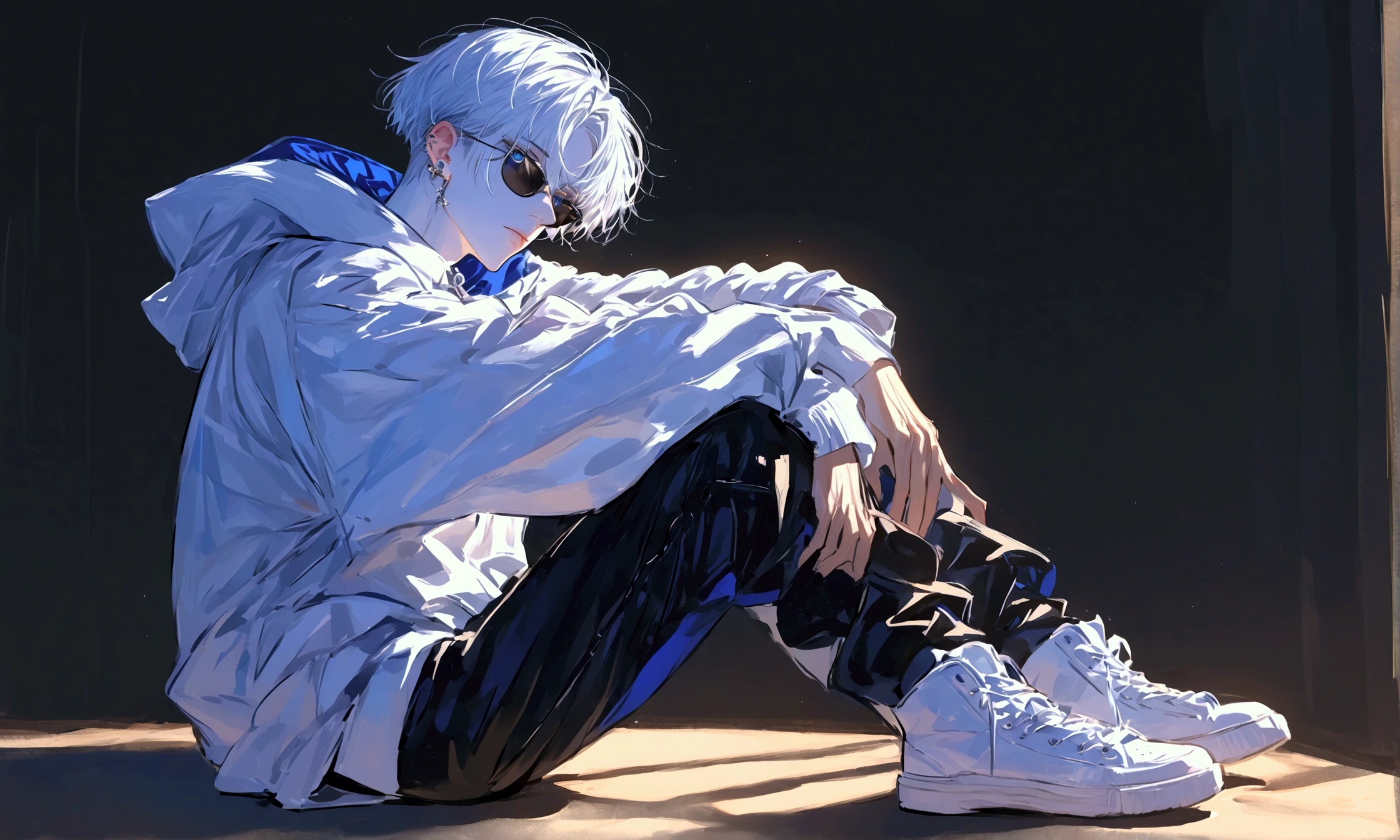  impasto,  short hair, Masterpiece,  best quality , 1 person , white hair ,  perfect face ,  Blue Eye  ,   handsome man   , Alone,  blue-white skin ,  adult male  ,  full body , Delicate line drawing, side View ,  very detailed ,  black background , sketch ,  Stylish clothes , black sunglasses , white oversized hoodie with put on a hood , modern style , piercing , Sneaker , sit ,star