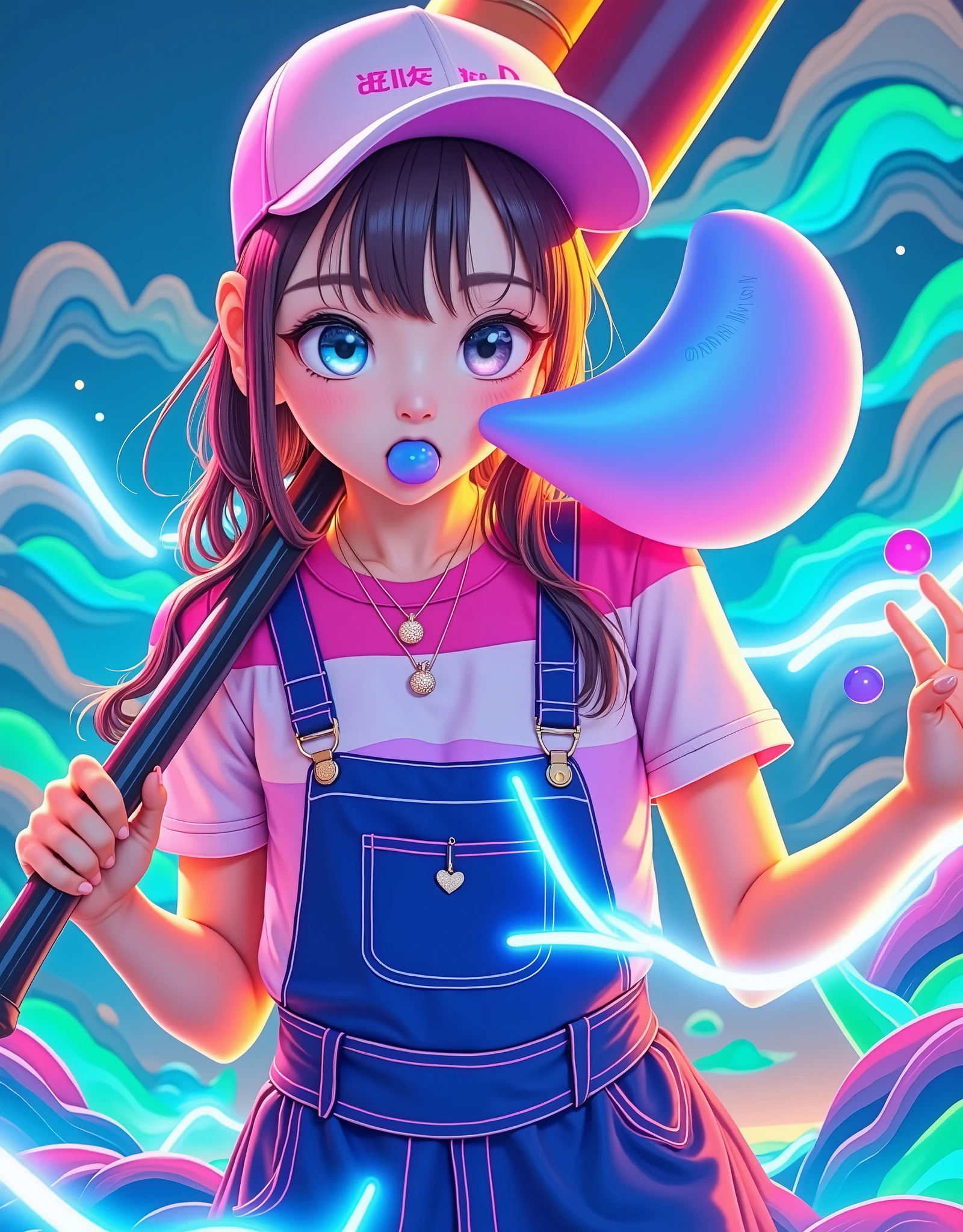 [Vision:1.0]，[Wide Angle:1.0]，1 super cute girl，Popular online games are full of life、Lively character image，She wore a pink baseball cap tilted sideways，Long brown hair hanging down the back，She is chewing a big pink bubble gum，Holding a large baseball bat in both hands，Bright pink shirt and blue overalls，The facial expression is full of energy and liveliness，A flash of light can be seen on her baseball bat，Indicates the special abilities of the game character，Keep the Bright colors and cartoon style，Abstract background，zoom lens，Rich colors，Abstract composition，Fantasy atmosphere，Dreamy emotions，3d, C4D rendering, 8k, super high detail, Bright colors，Bright，RGB, Colorful)，(High contrast:1.5)，(whole body:1.8), Magazine Photography，Popular on social platforms，((Dopamineism))，(((Dopamine color matching)))，Facing the screen，Dopamine color，High Saturation，High contrast，High Definition，8k，Dopamine，(in the style of Y2K)，Luo Erchun，Three-dimensional ancient style，Oriental Poetry and Painting, 1ltss1