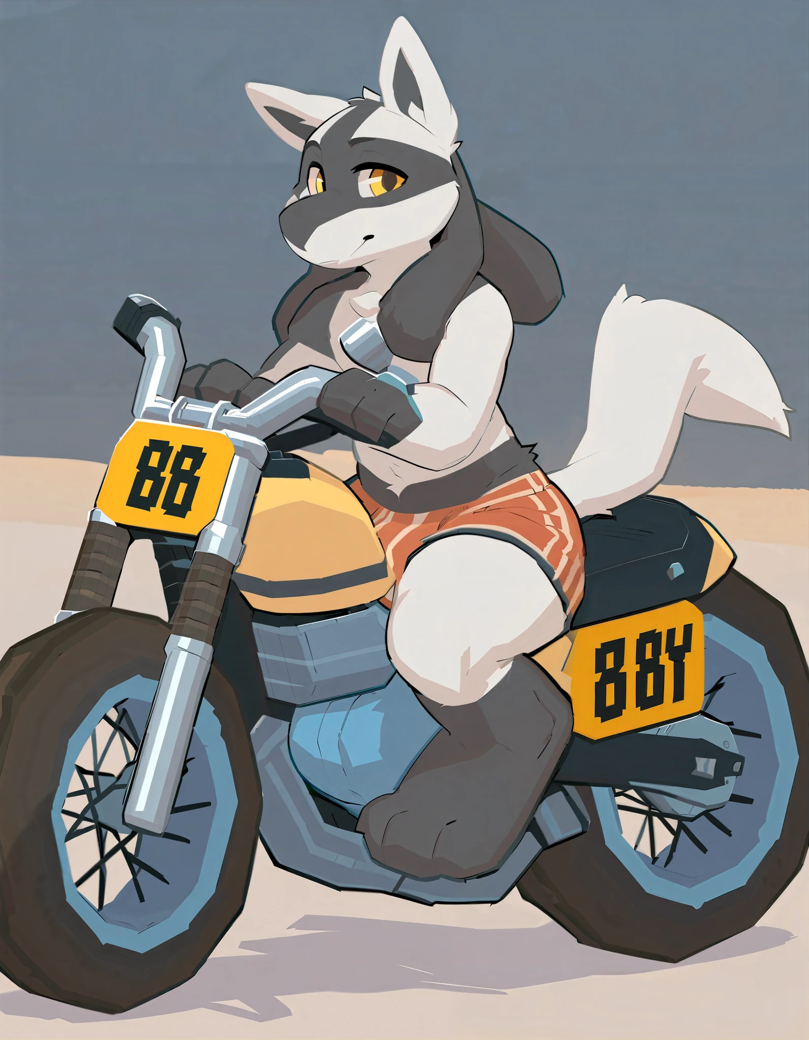 seth-iova, white lucario, full white body, yellow eyes, long drooping dog ears, wavy tail, white body, male, solo, night, wearing boxers, Big bulge, sitting on a motorcycle, beach, nsfw