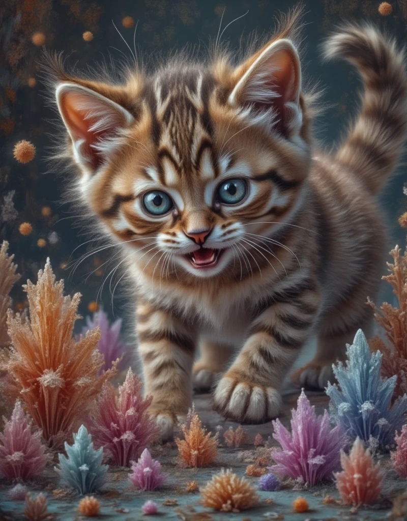 Close-up zoom in,(Macro:1) photo, cute kitty play on a milky white table ,( Mandelbutt fractal :4)   thousand pieces of colored glass sugar ,Condensed , effervescent , detailed,Complex,Key Light,backlight,Fill Light, play under three-point lighting ,  nebula bubbles ,