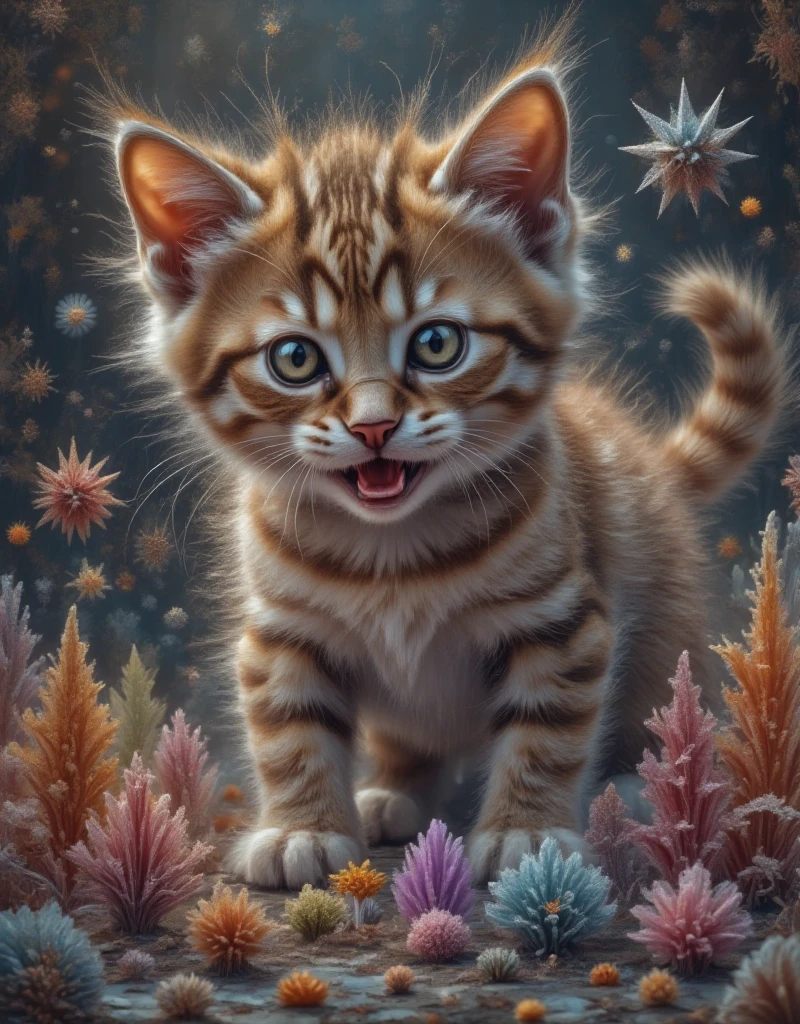 Close-up zoom in,(Macro:1) photo, cute kitty play on a milky white table ,( Mandelbutt fractal :4)   thousand pieces of colored glass sugar ,Condensed , effervescent , detailed,Complex,Key Light,backlight,Fill Light, play under three-point lighting ,  nebula bubbles ,